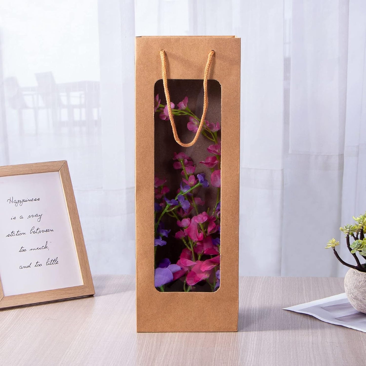 50 Pcs Clear Window Wine Gift Bags with Handles Flower Bulk for Mom New Year Holiday Birthday