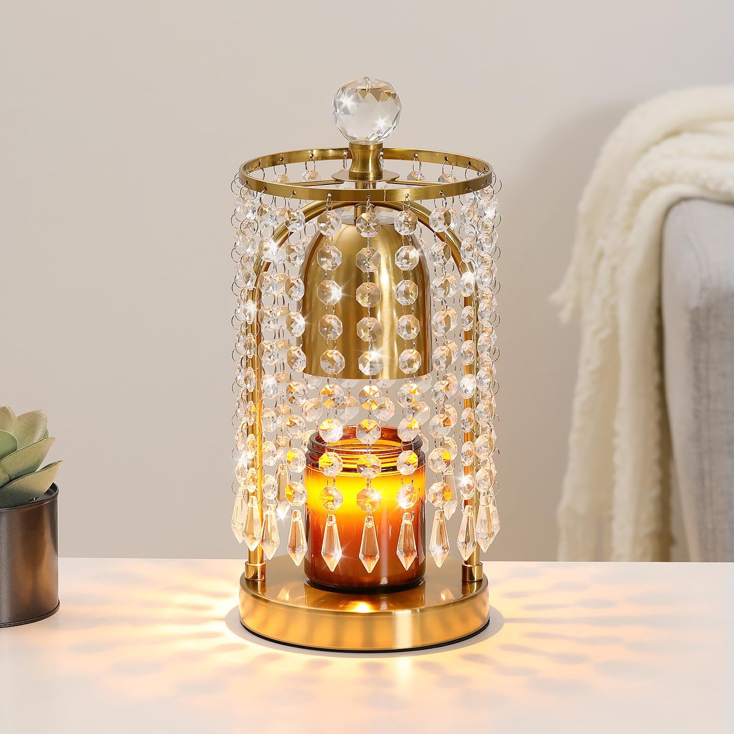 Lewondr Candle Warmer Lamp with Timer & Dimmable, Candles Warmer Lamp Crystal Wax Melt Tool with 2 Bulbs, Electric Candle Melter Decor for Bedroom Home, Gold