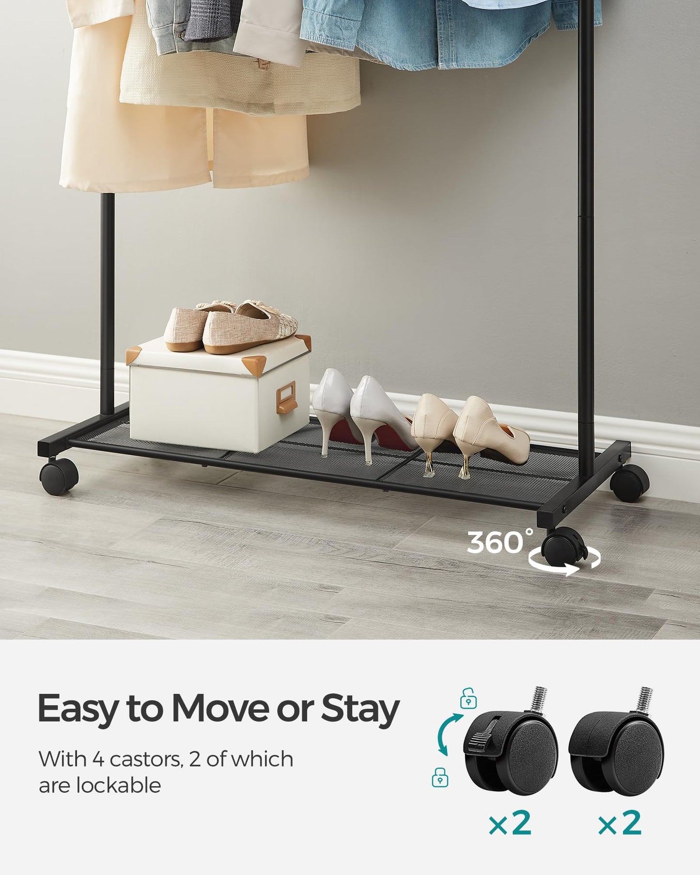 SONGMICS Clothes Rack with Wheels, 35.8 Inch Garment Rack, Clothing Rack for Hanging Clothes, with Dense Mesh Storage Shelf, 110 lb Load Capacity, 2 Brakes, Steel Frame, Black UHSR25BK