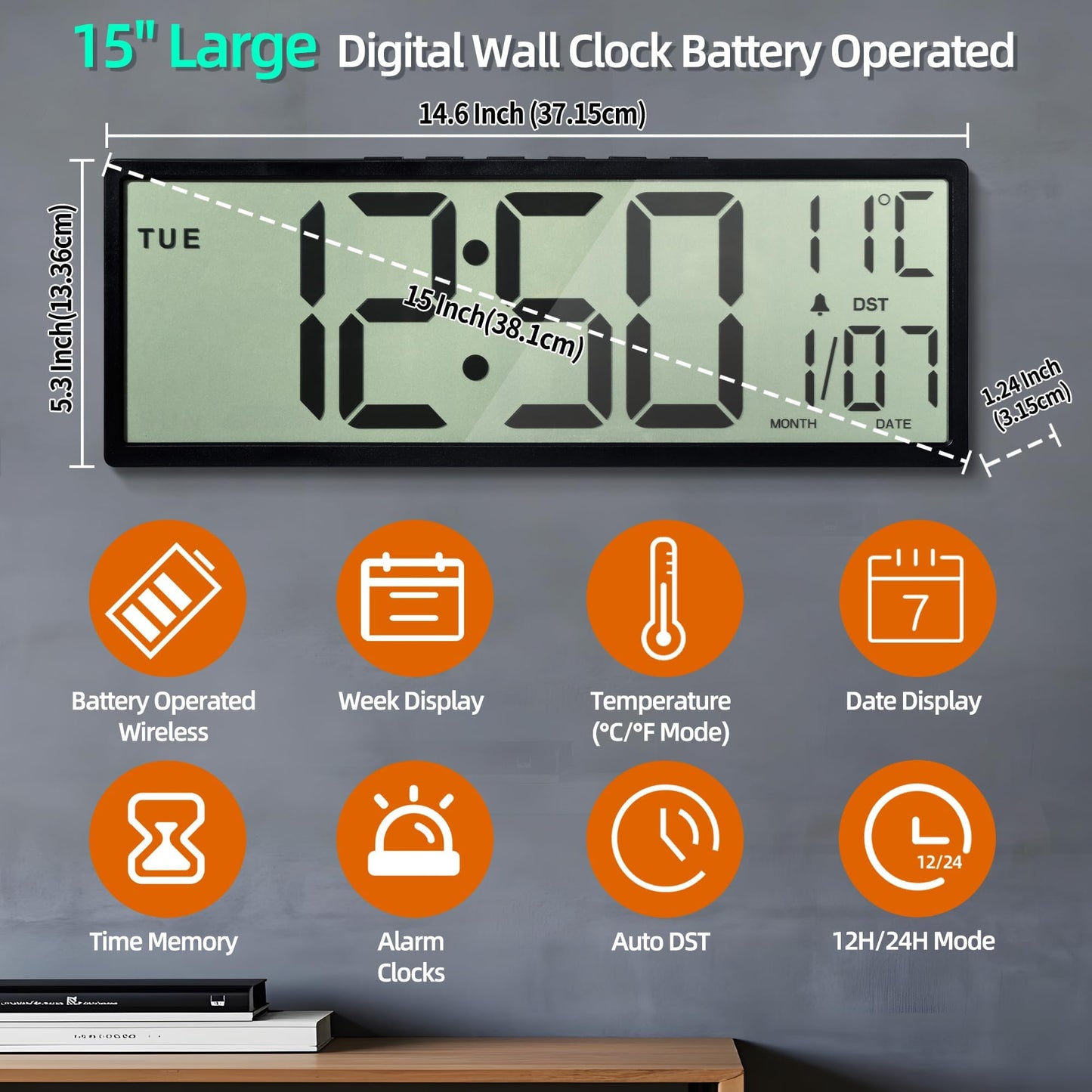 Mee 2ou Digital Wall Clock Battery Operated, 15" Digital Clock Large Display With Date And Day Of Week, Large Number Digital Clock With Temperature, Auto DST, Alarm, Snooze, 12/24-hour For Desk Office