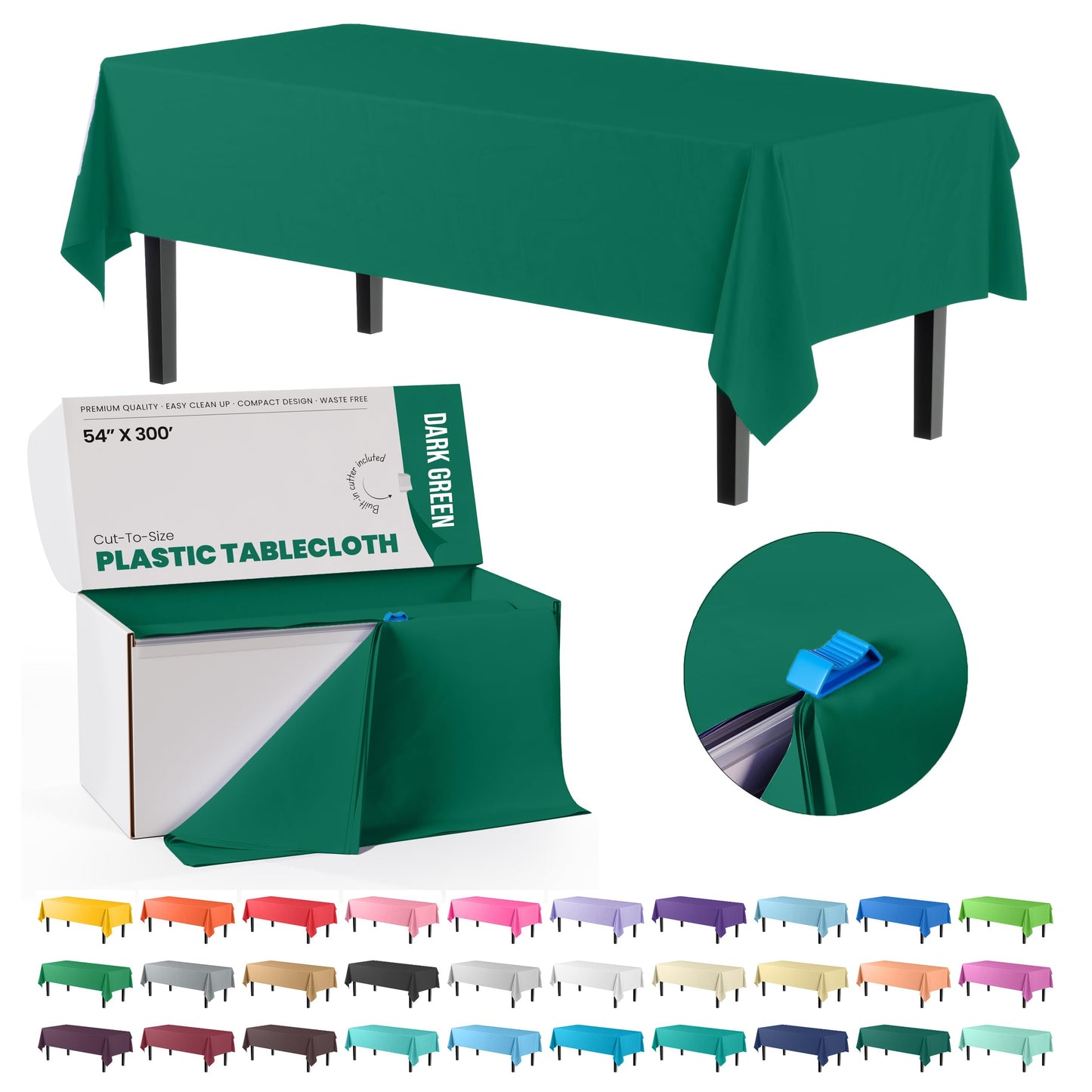 54 Inch X 300 Feet Dark Green Plastic Table Cover Roll in A Cut - to - Size Box with Convenient Slide Cutter. Cuts Up to 12 Rectangle 8 Feet Plastic Disposable Tablecloths - Exquisite