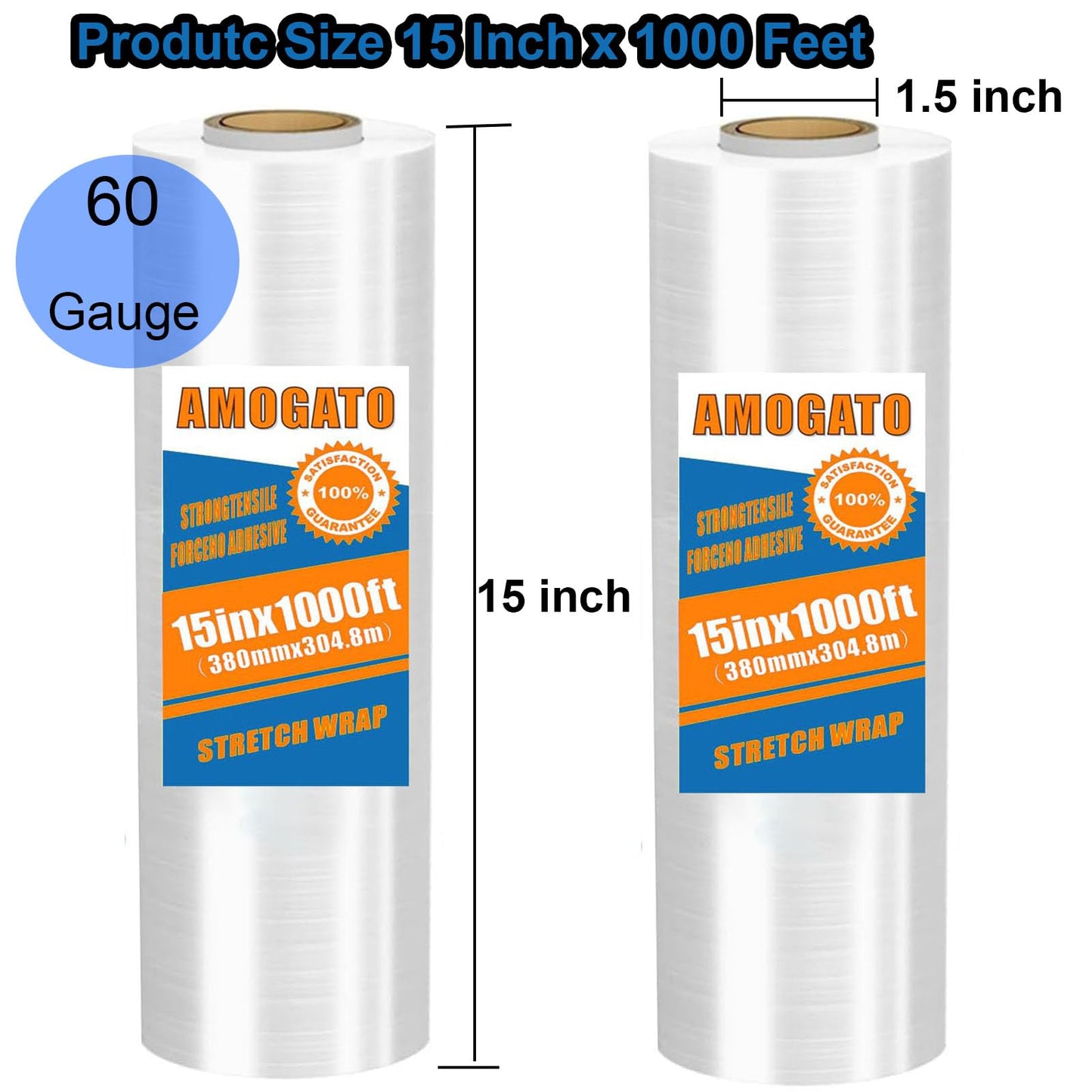 AMOGATO Stretch Film for Moving and Packaging - Strong, Residue-Free, Easy to Use with Blue Handles,60 Gauge, 2 Pack Clear 15 Inch x 1000 Feet