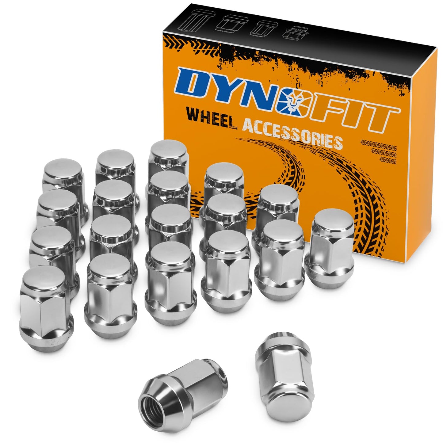 Dynofit M12x1.5 Lug Nuts Replacement for Honda Accord Civic CRV, Ford Fusion Focus Escape and Toyota RAV4 Camry Aftermarket Wheels, 20 Pieces Chrome One-Piece Closed End Lug Nut, Hex 19mm, Silver