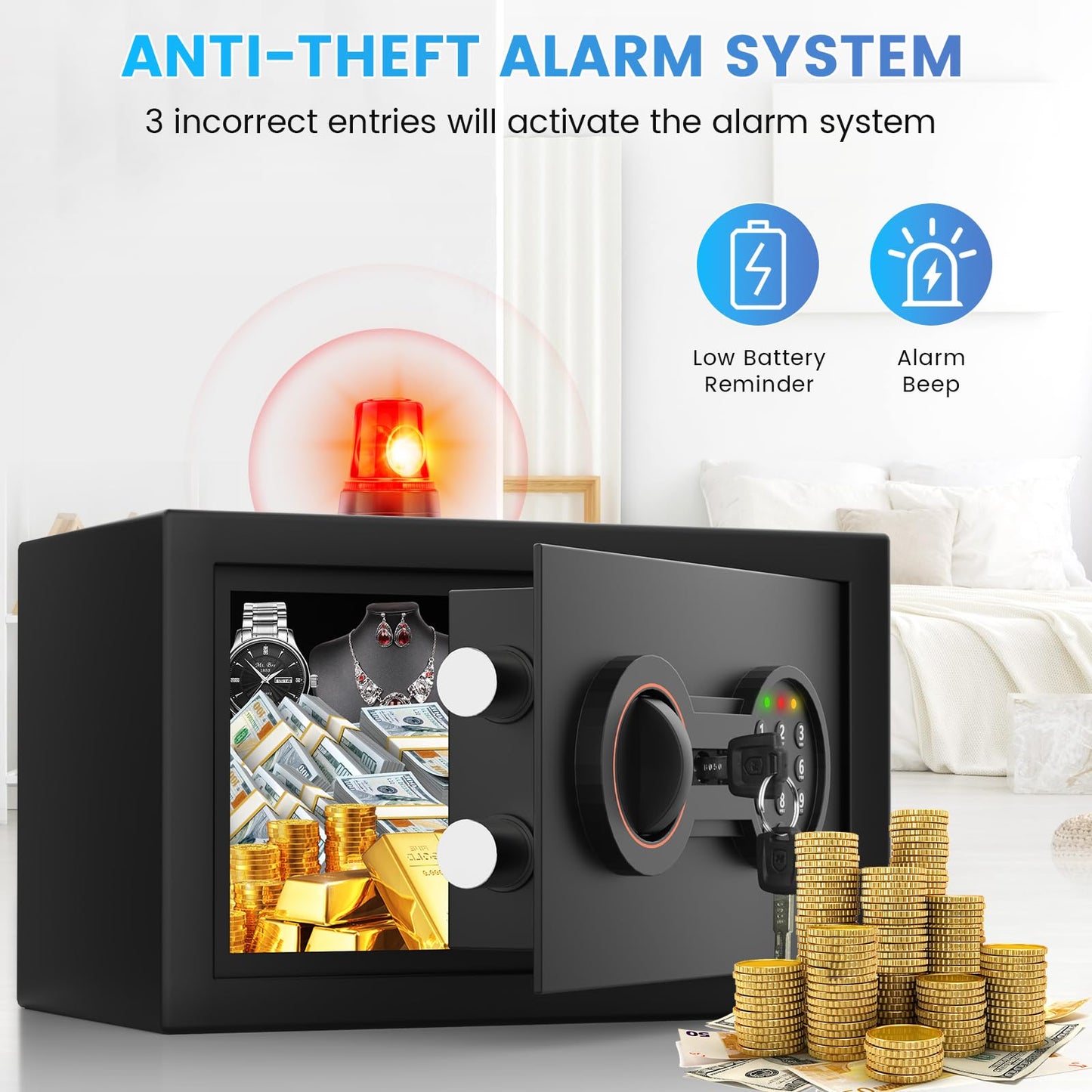 0.52 Cub Small Home Safe Box with LED Light, Dual Alarm System & Fireproof Waterproof Pouch, Digital Safe with Electronic Keypad, Override Keys, Bolt-Down Kit for Cash/Jewelry/Medicine