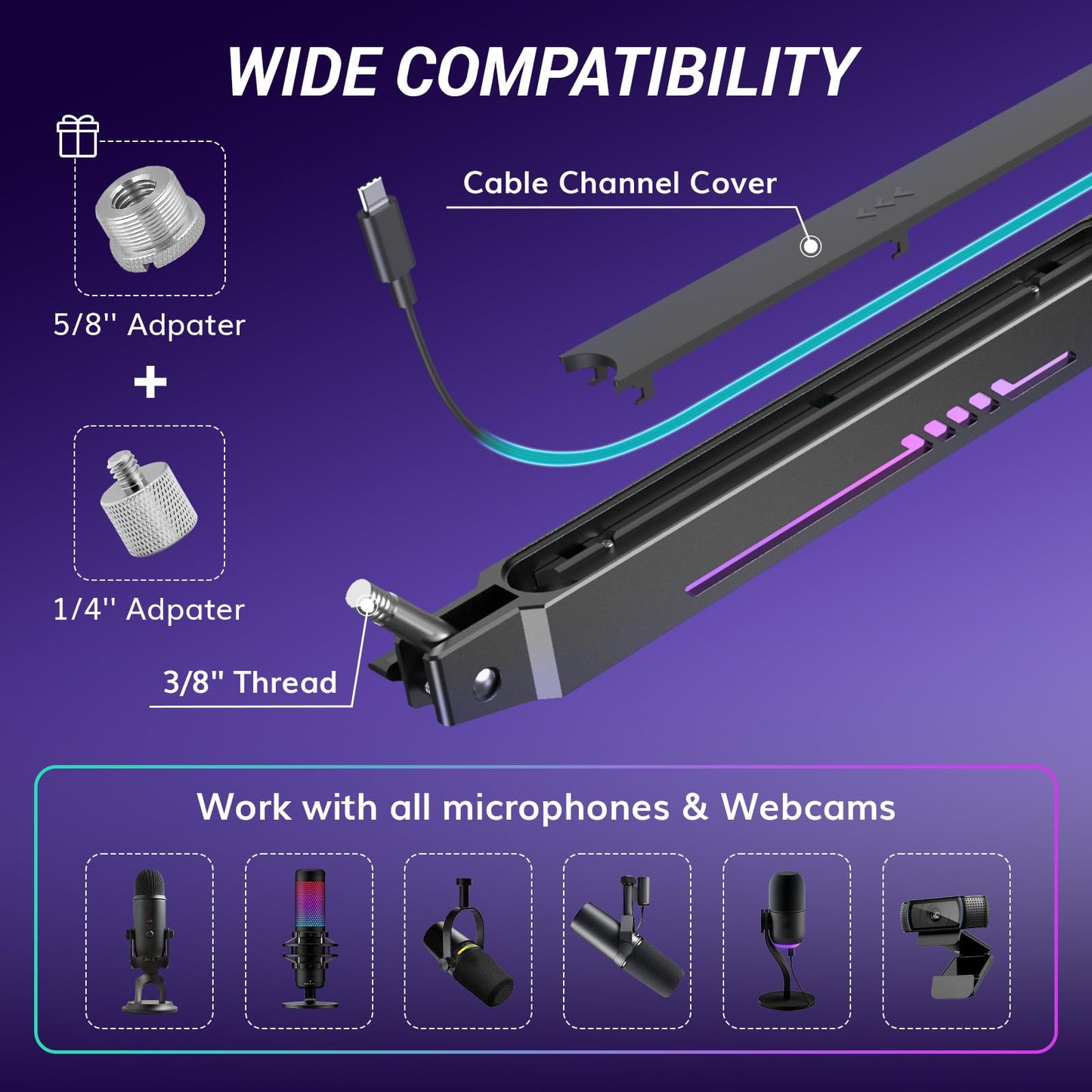 TONOR RGB Gaming Mic Arm, Low Profile Microphone Boom Arm with controllable RGB Light, Mic Stand with Cable Management, Compatible with Popular Microphones for Streaming, Studio, T90LP