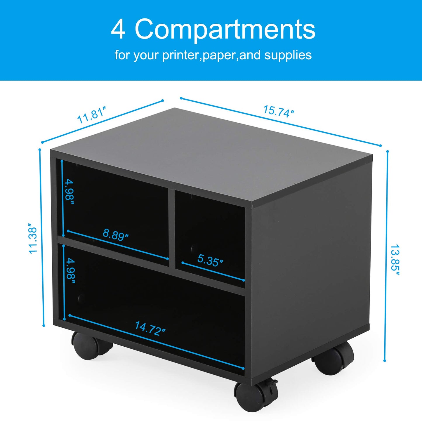 FITUEYES Printer Stand/Wood Work Cart with Wheels Black PS304003WB