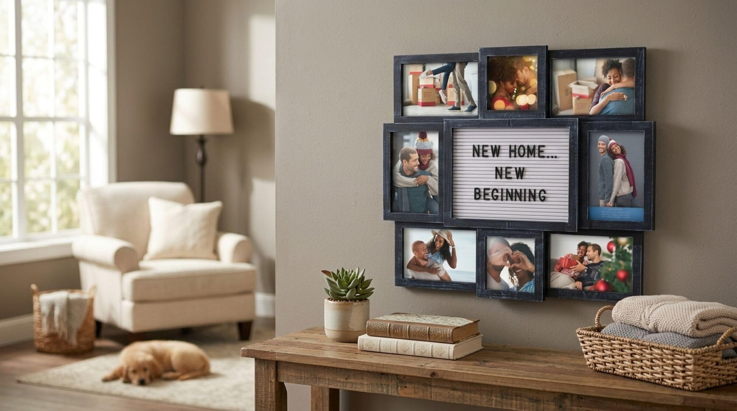 Melannco Customizable Letterboard 8-Opening Photo Collage, 19 x 17 inch,Distressed Black