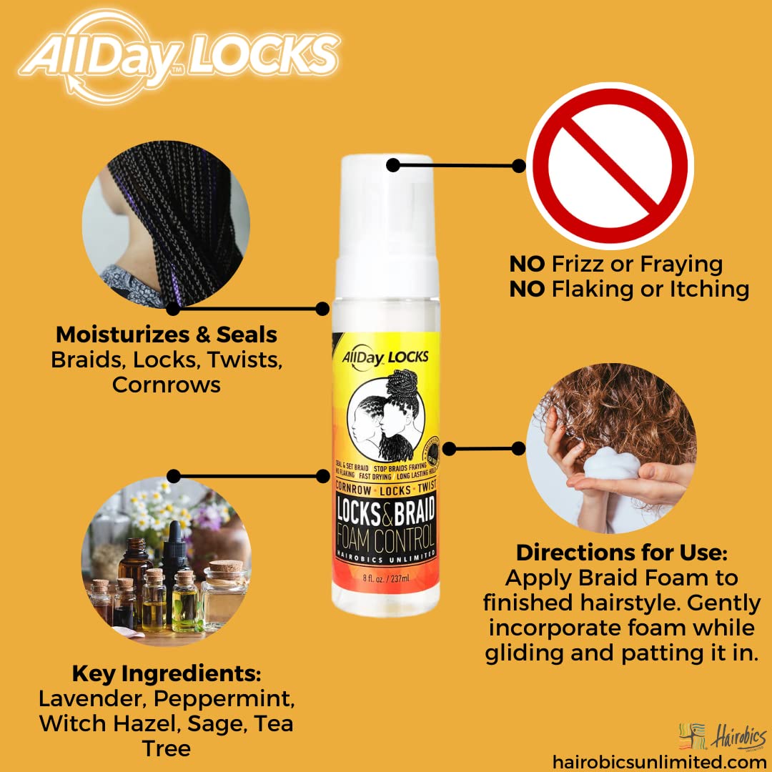 AllDay Locks Braid Foam | Long Lasting Mousse for Style & Shine | No Frizz or Fraying | Moisturizes & Seals Braids, Locks, Twists, Cornrows | 8 oz, 2-pack