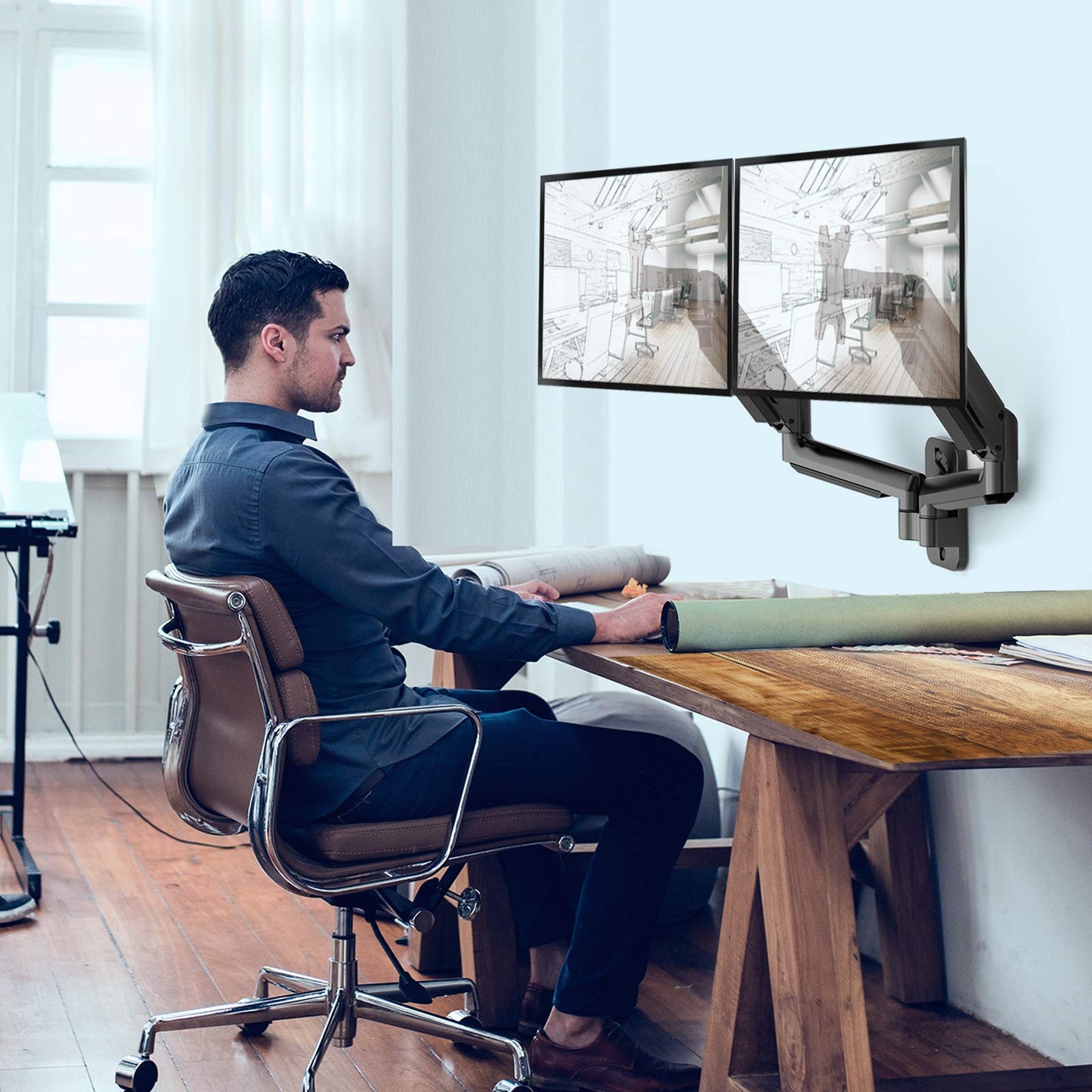 HUANUO Dual Monitor Wall Mount up to 32-inch Screens, Wall Monitor Mount with Design System, Height-Adjustable/Tilt/Swivel/Rotate, Dual Monitor Mount Holds 17.6 lbs, VESA 75 or 100mm
