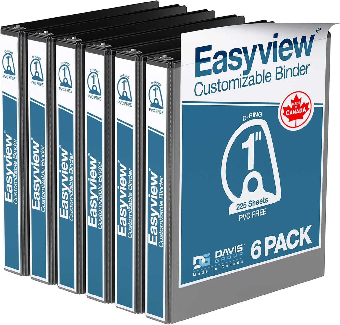 EasyView Premium Angled D-Ring 1-Inch Binders with Clear-View Covers, Customizable 3-Ring Binders for School, Office, or Home, Pack of 6, Black
