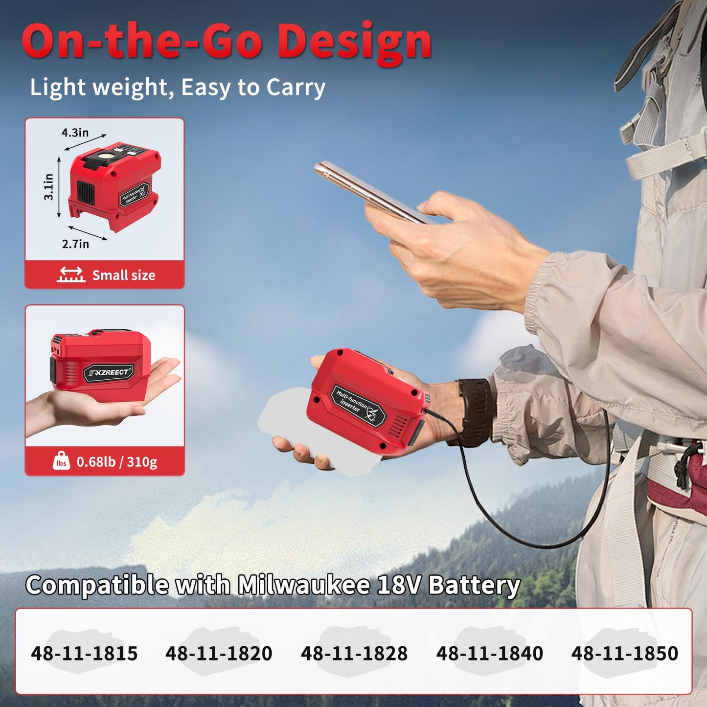 220W Power Inverter Compatible with Milwaukee 18V Battery Inverter DC 18V to AC 110V, 2 USB-A & 1 Type-C & 1 AC Outlet, 400 Lumen (Battery Not Included)
