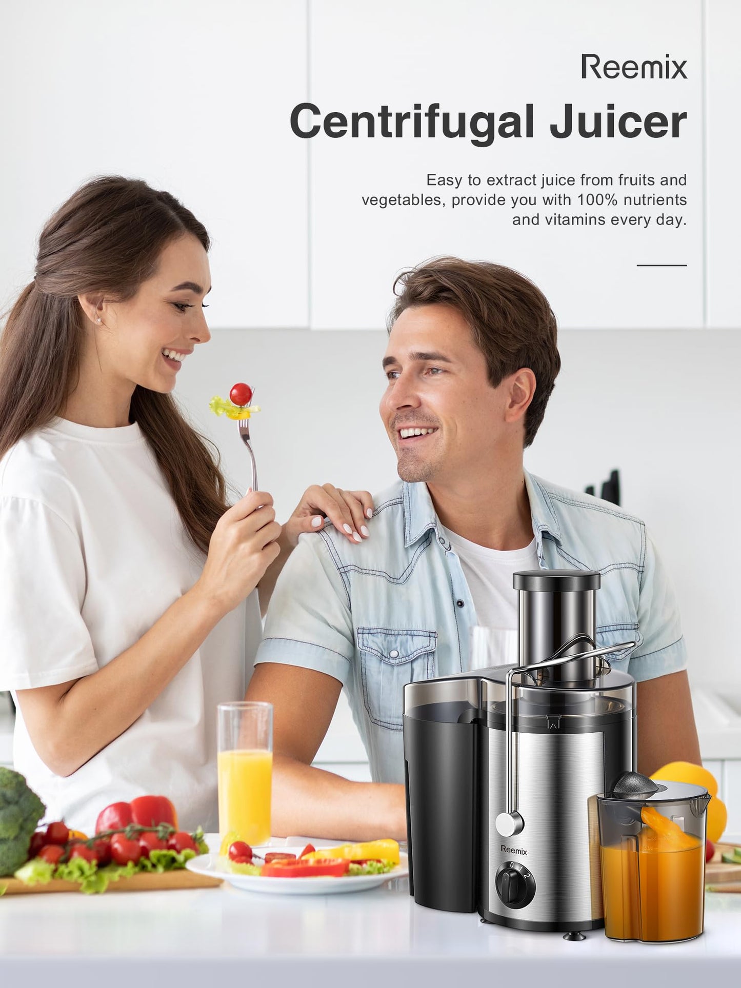 Reemix Juicer Machine, Big Mouth Large 3” Feed Chute for Whole Fruits and Vegetables, Easy to Clean, Centrifugal Extractor, BPA Free (Black, 500W)