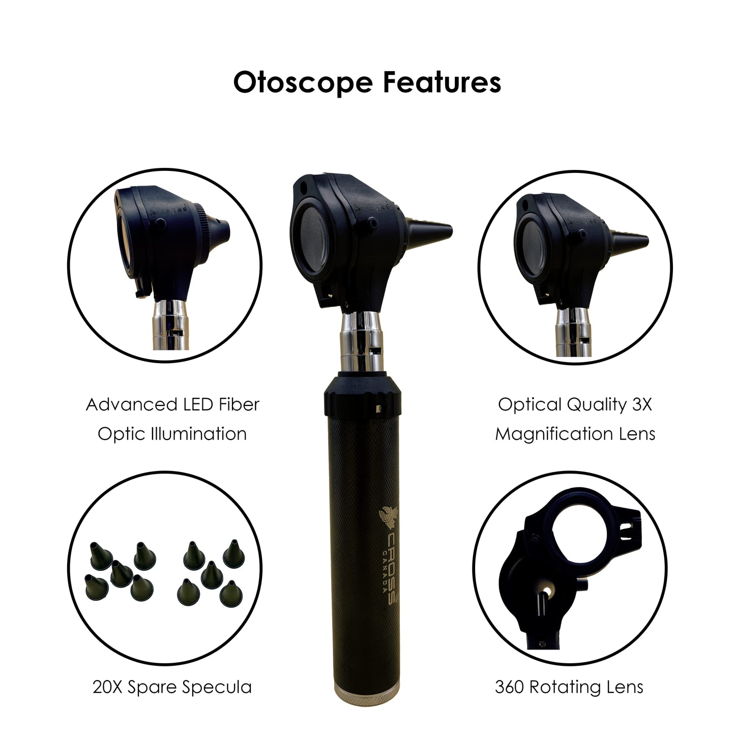 Cross Canada Physician LED Otoscope Diagnostic Set – Professional Otoscope for Physician, Medical Student, Nursing Student, Doctor, Nurse (Black)