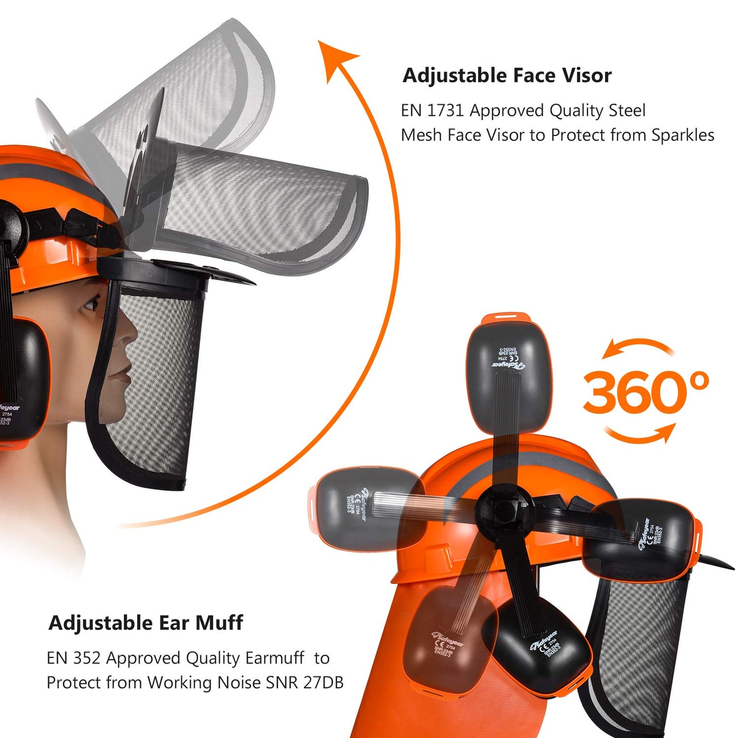 SAFEYEAR Forestry Hard Hat, Cap Style Chainsaw Safety Helmet with 6 Point Ratchet Suspension for Women & Men, with Accessories Adjustable Ear Muffs & Face Shield Visor, Neck Shade (Orange 1 Unit)