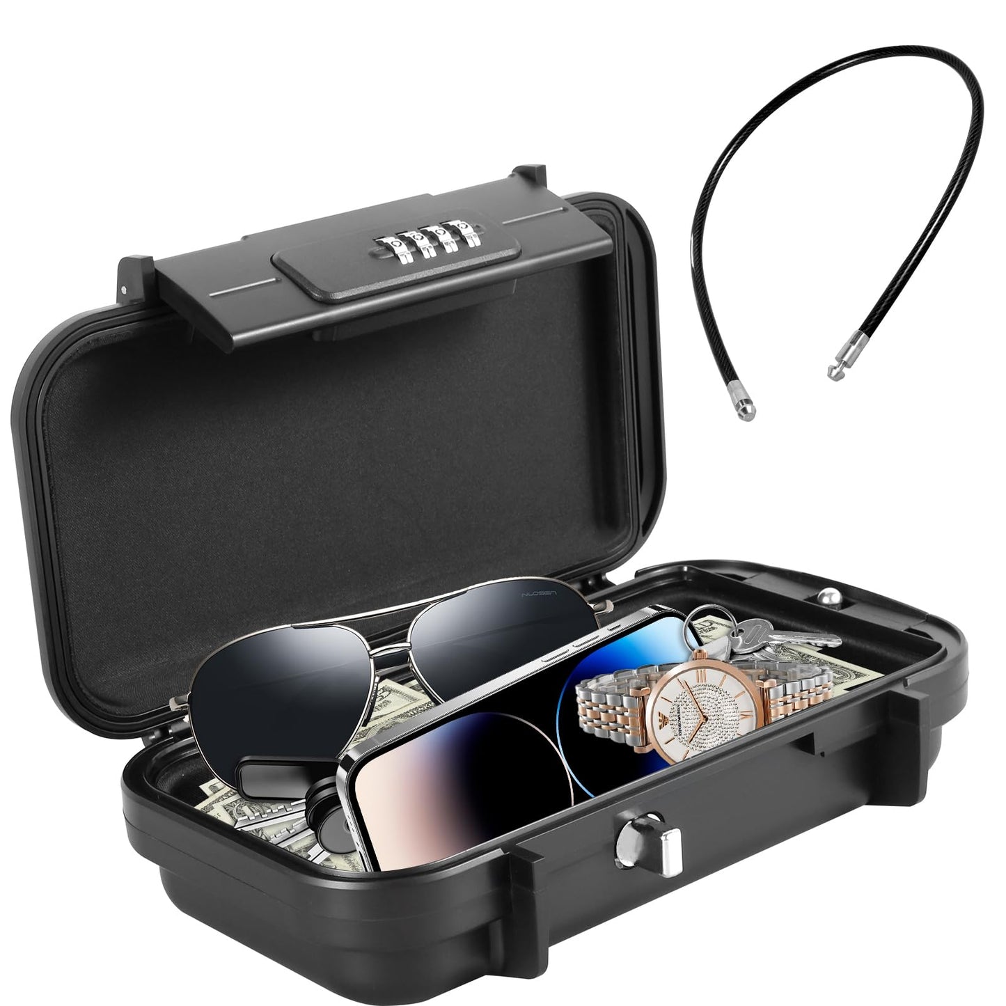 Travel Safe Portable Small Beach Safe Box with 4 Digital Combination Waterproof Security Case Lock Case with Removable Wire Rope Safety Box for Home Office Hotel Cars Travel