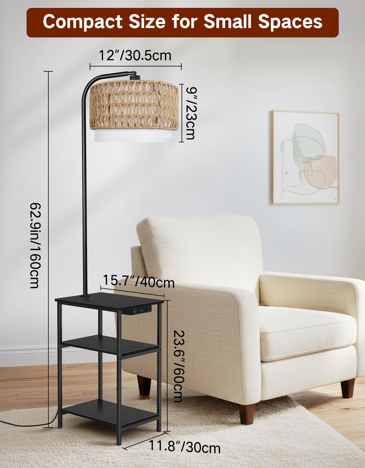 OUTONLIFE Floor Lamp with Table & Rattan Shade, Side End Table with Charging Station, Dimmable Nightstand with 3 Color Temperatures, 1-Hour Timer, 12W LED Bulb, for Living Room, Bedroom(Black)