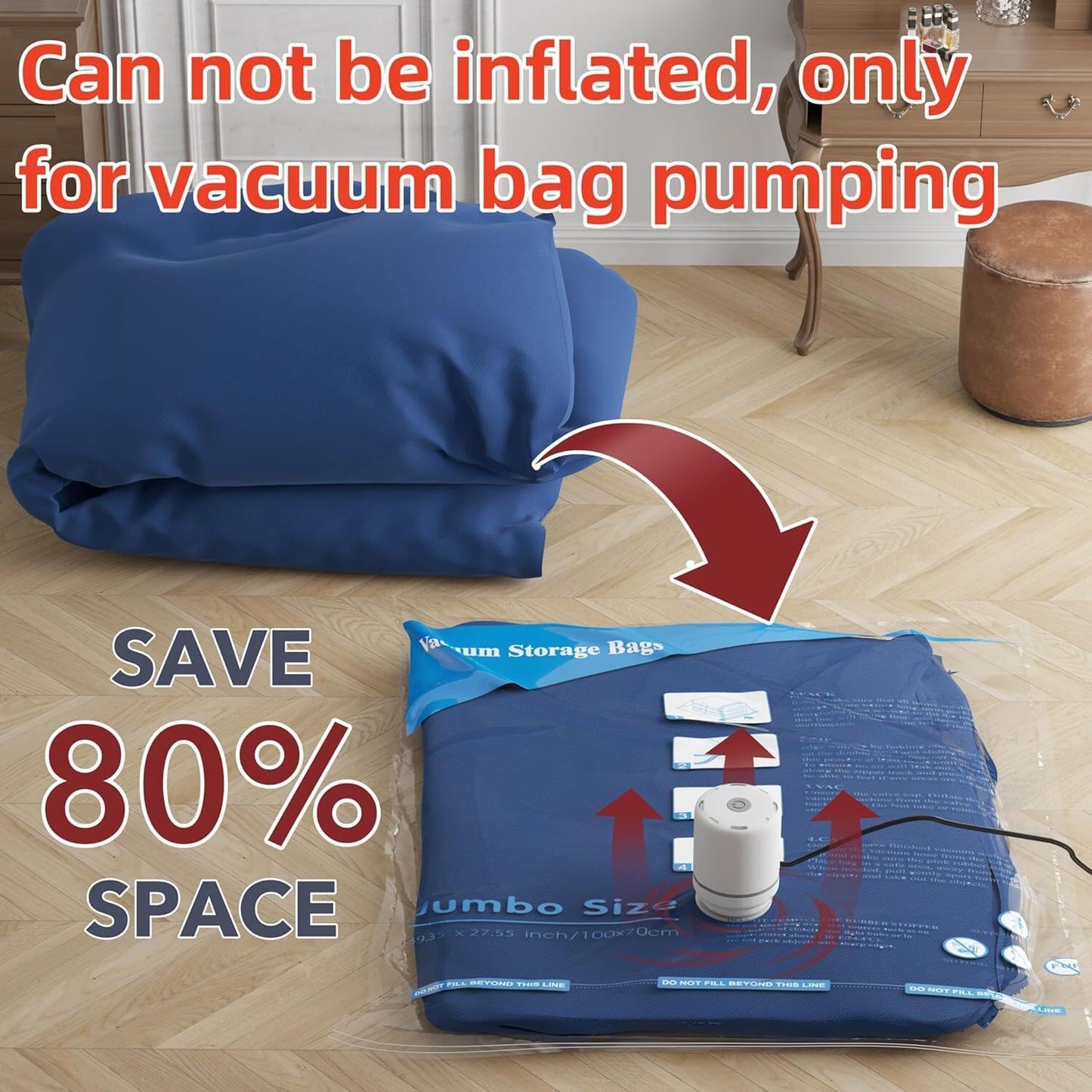 24 Pack Vacuum Storage Bags with Electric Pump, (5 Jumbo,5 Large,5 Medium,5 Small,4 Roll Up Bags) Space Saver Bag for Clothes, Mattress, Blanket, Duvets, Pillows, Comforters,Travel