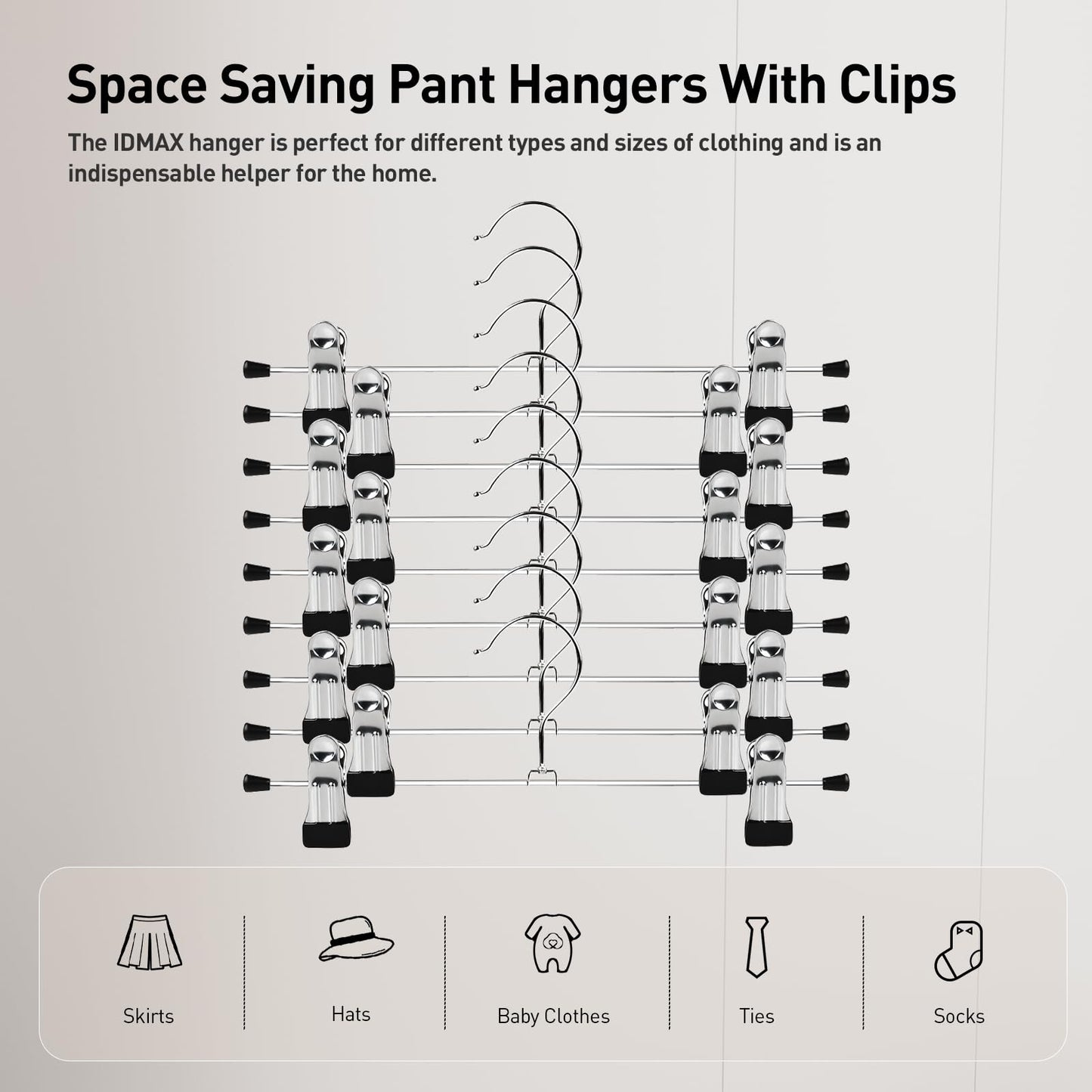 Clothes Hangers, IDMAX Adjustable Heavy Duty Hangers with Non-Slip Clips Pants Hangers Stainless Steel Skirt Coat Suit Hangers Stackable Coat Hangers Clothes Hook Space Saving (40 Pack)