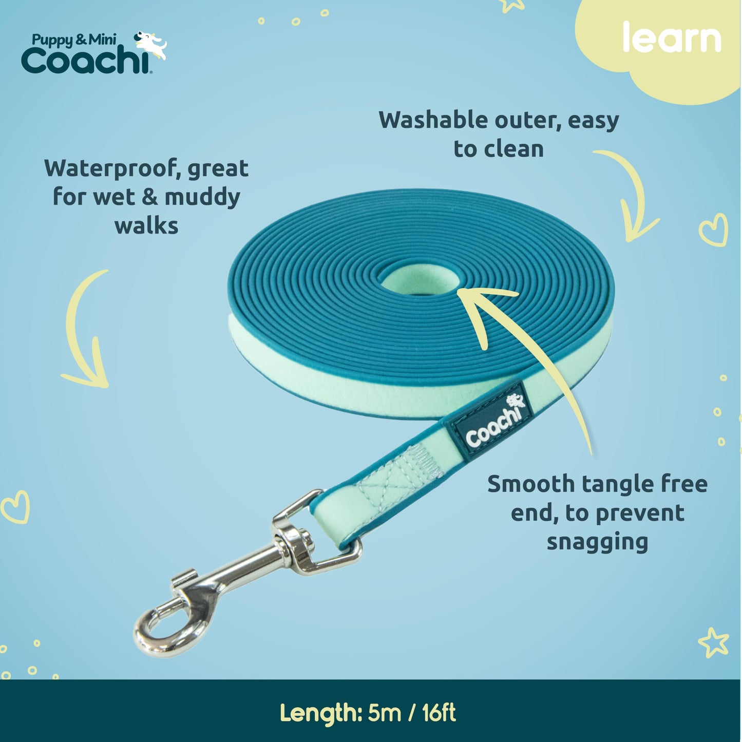 Coachi Puppy & Mini Waterproof Training Line - Safe Outdoor Recall Training, Dog & Puppy Socialisation, Lightweight, Prevents Chasing. Suitable for Puppies and Small Dogs (5 m)