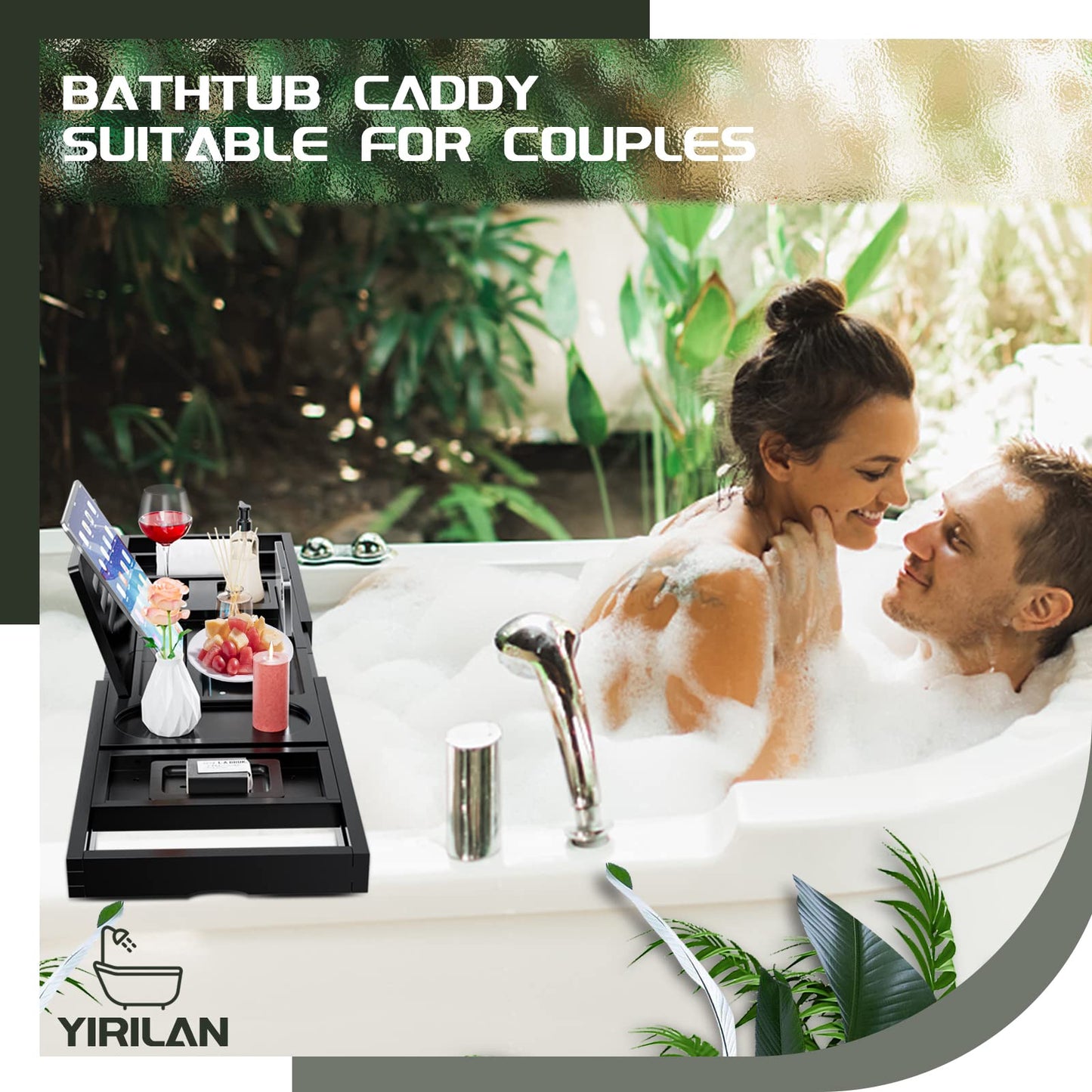 Adjustable Bathtub Caddy Tray, Bamboo Retractable Bathtub Tray, Bathroom Tray for Books, Tablets, Mobile Phones, Suitable as Gifts, Black