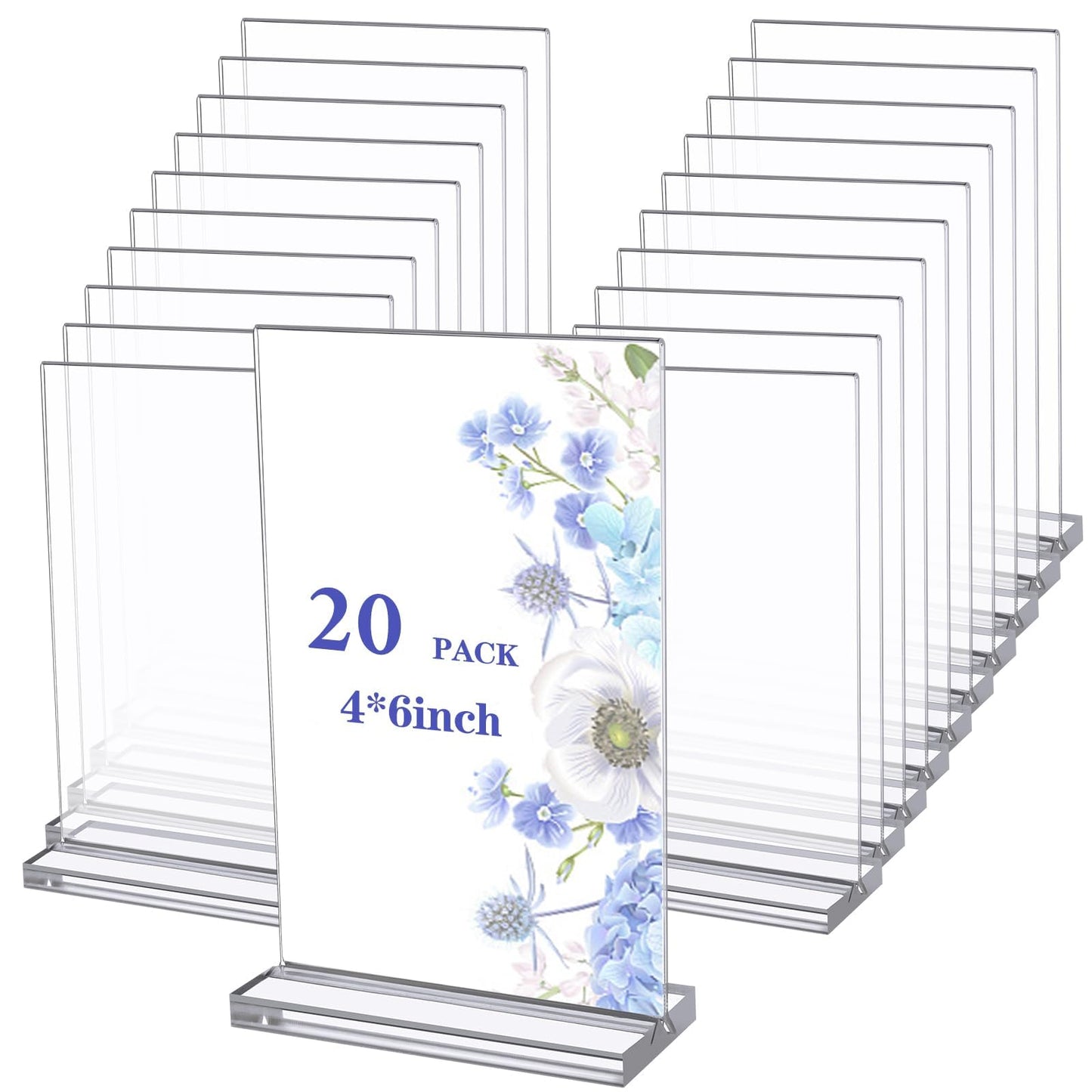 PIAOPIAONIU 20 Pack 4x6 Acrylic Sign Holder Double Sided Clear Display Stand Vertical T Shape Flyer Menu Brochure Table Holders for Restaurant Wedding School Office Hotel Party