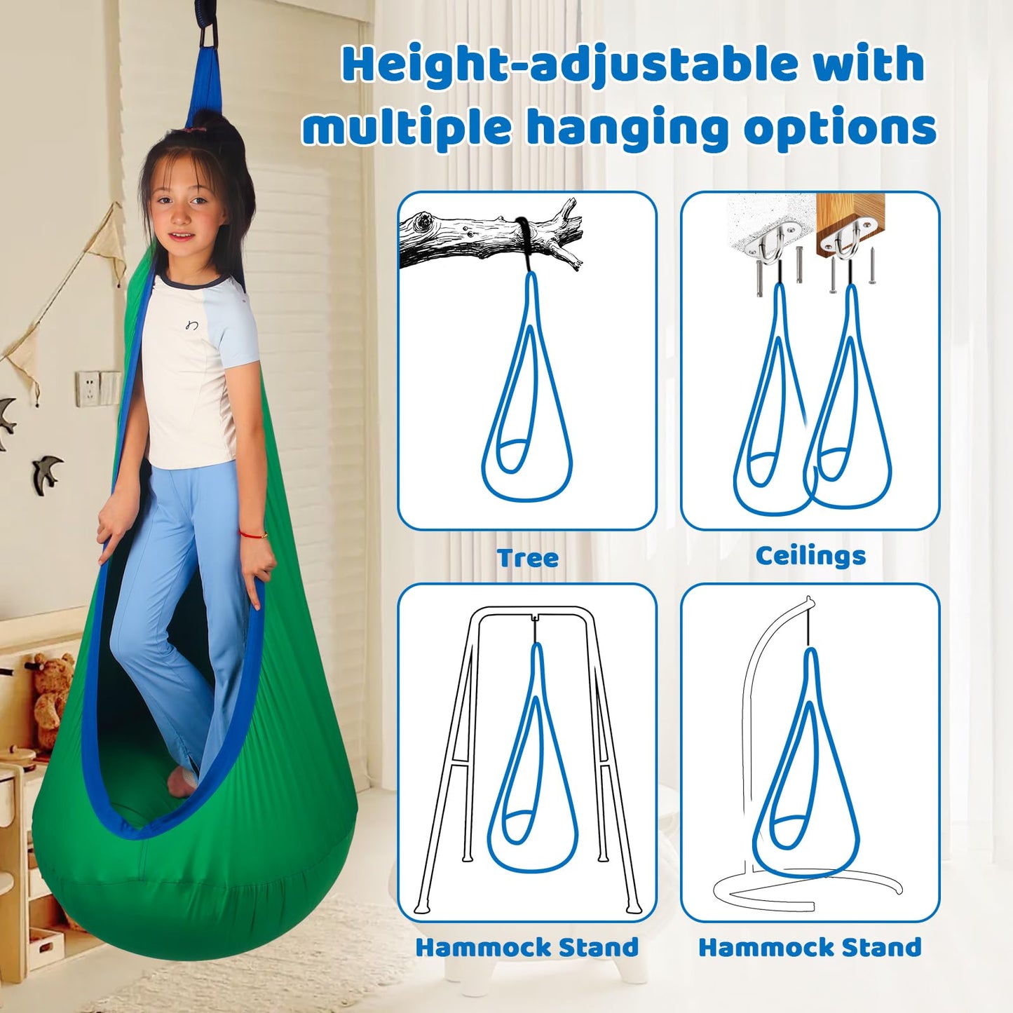 HiCamer Sensory Swing for Kids Indoor and Outdoor Pod hammock Chair Seat Upgrade Max 300 lbs Hanging Swing with Inflatable Cushion Includes Hardware Hanger Kit for Aspergers Autism ADHD (Green)
