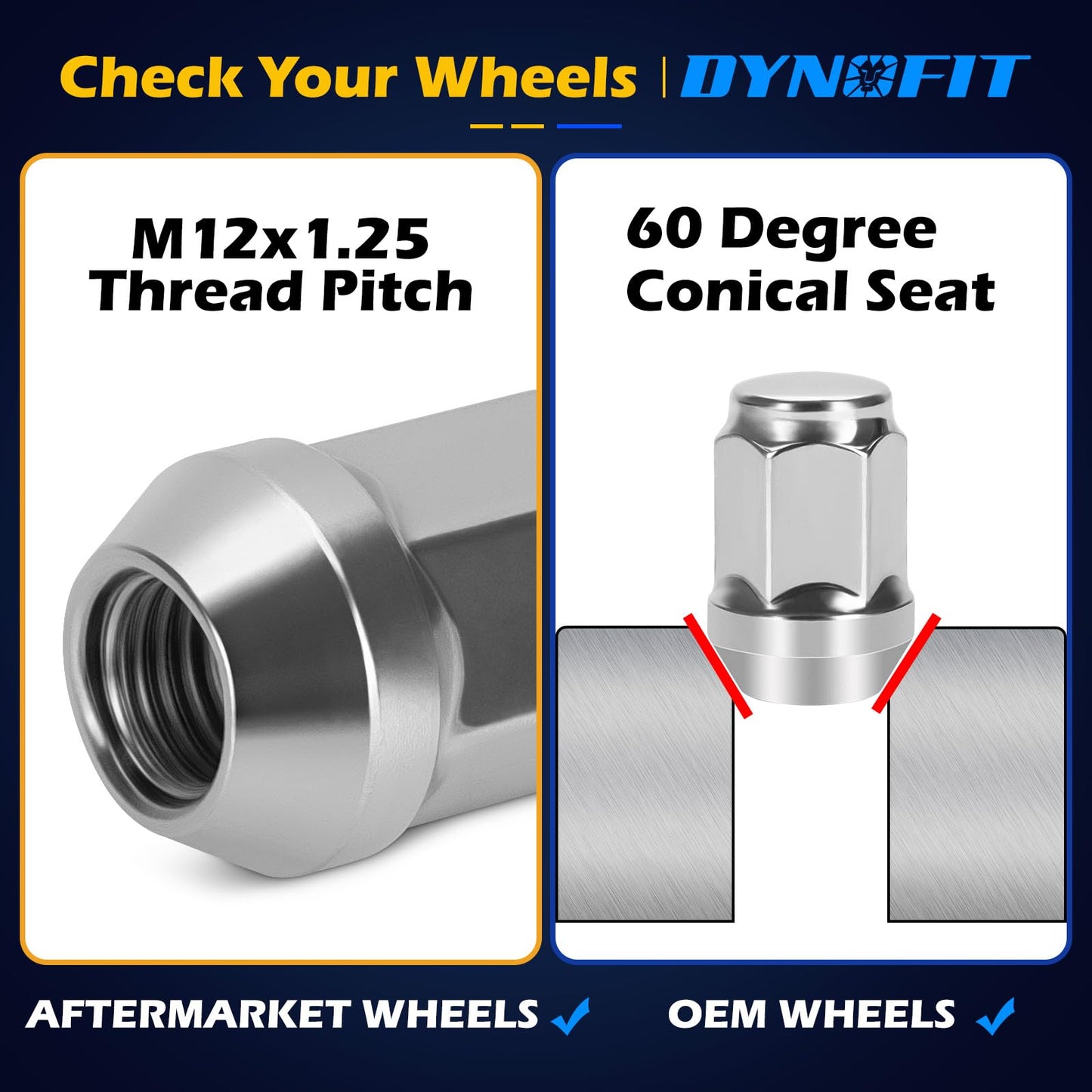 Dynofit M12x1.5 Lug Nuts Replacement for Honda Accord Civic CRV, Ford Fusion Focus Escape and Toyota RAV4 Camry Aftermarket Wheels, 20 Pieces Chrome One-Piece Closed End Lug Nut, Hex 19mm, Silver