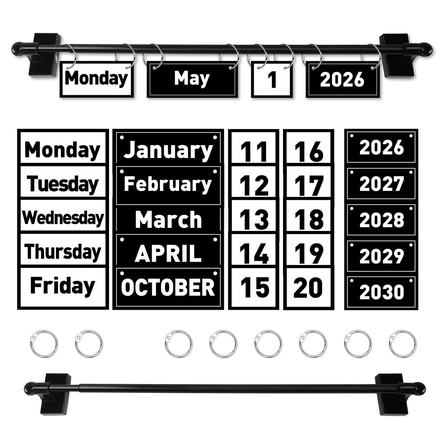 2026 Upgraded Magnetic Rod Black and White Flip Calendar for Classroom, Classroom Calendar Date Cards Black and White Classroom Decor Bulletin Board Set