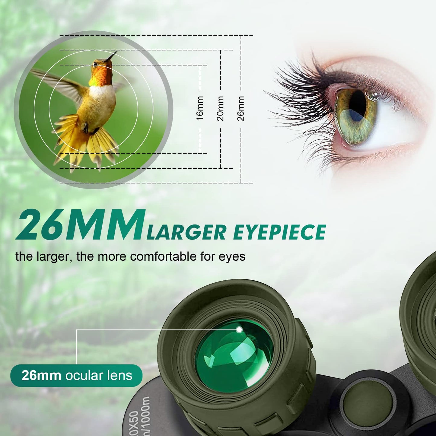 20x50 High Power Military Binoculars, Compact HD Professional/Daily Waterproof Binoculars Telescope for Adults Bird Watching Travel Hunting Football Games with Carrying Case and Strap（Green）