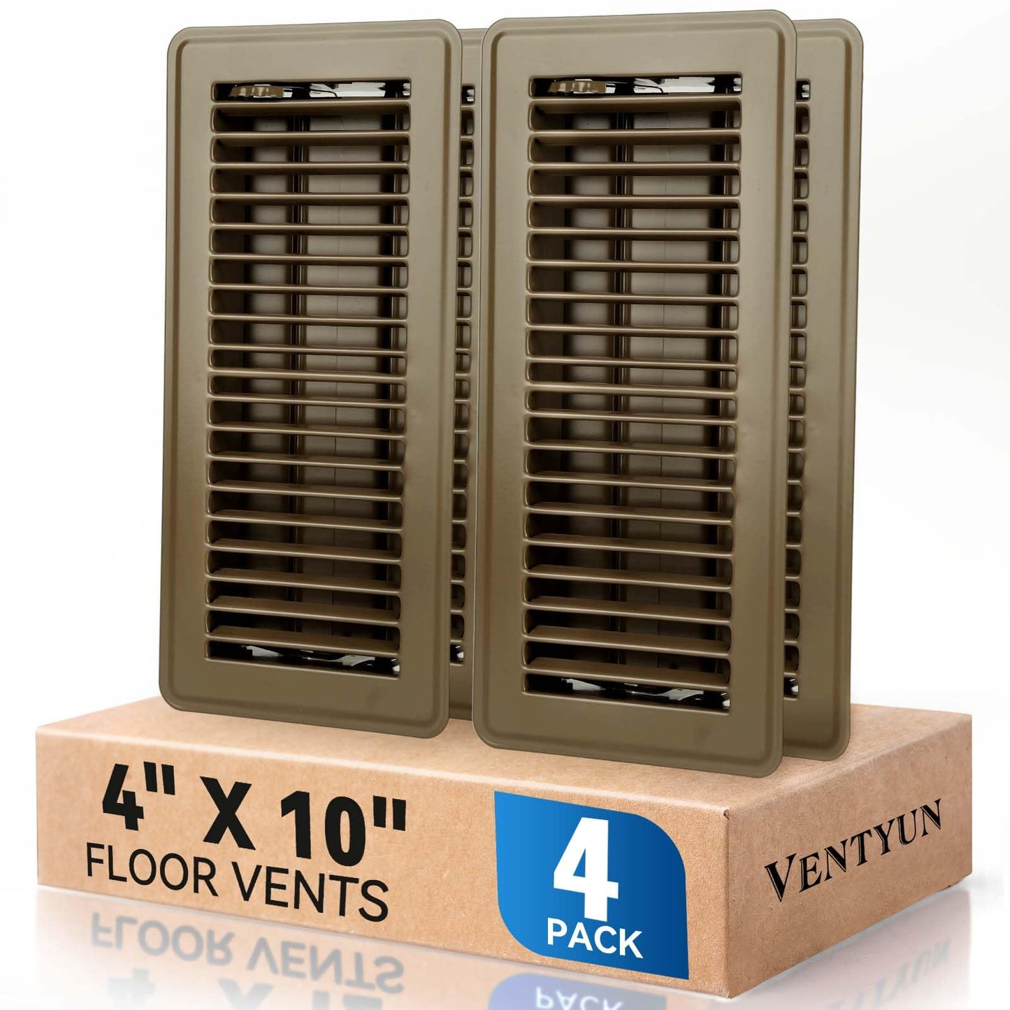 4" x 10" Floor Register Vent Covers 4-Pack, Walkable Powder-Coated Metal Vent Covers with Adjustable Airflow, Curved Safe Edges for Floor/Wall, Brown