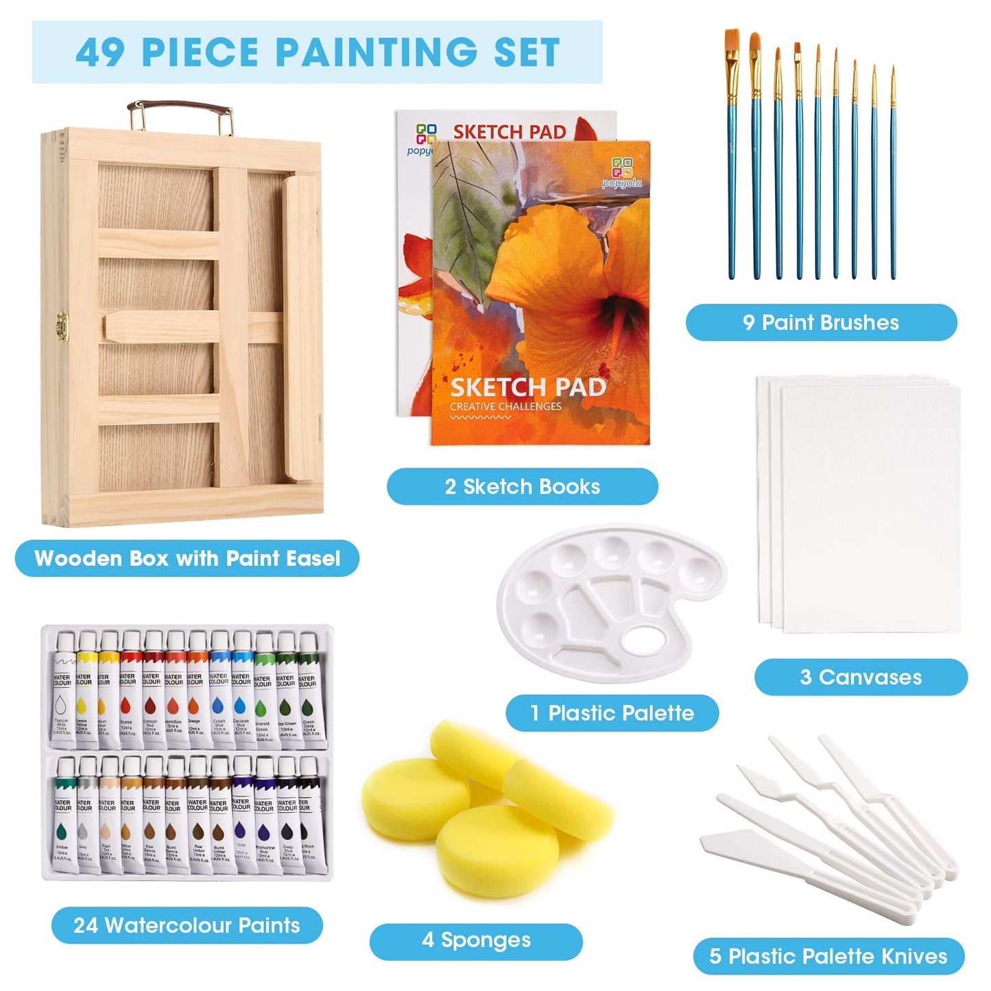 Paint Set, 49-Piece Watercolor Painting Kit with Wooden Tabletop Easel, Includes Watercolor Paints, Brushes, Palette, Canvas Panels and Painting Pads, for Beginners Professionals Hobbyists