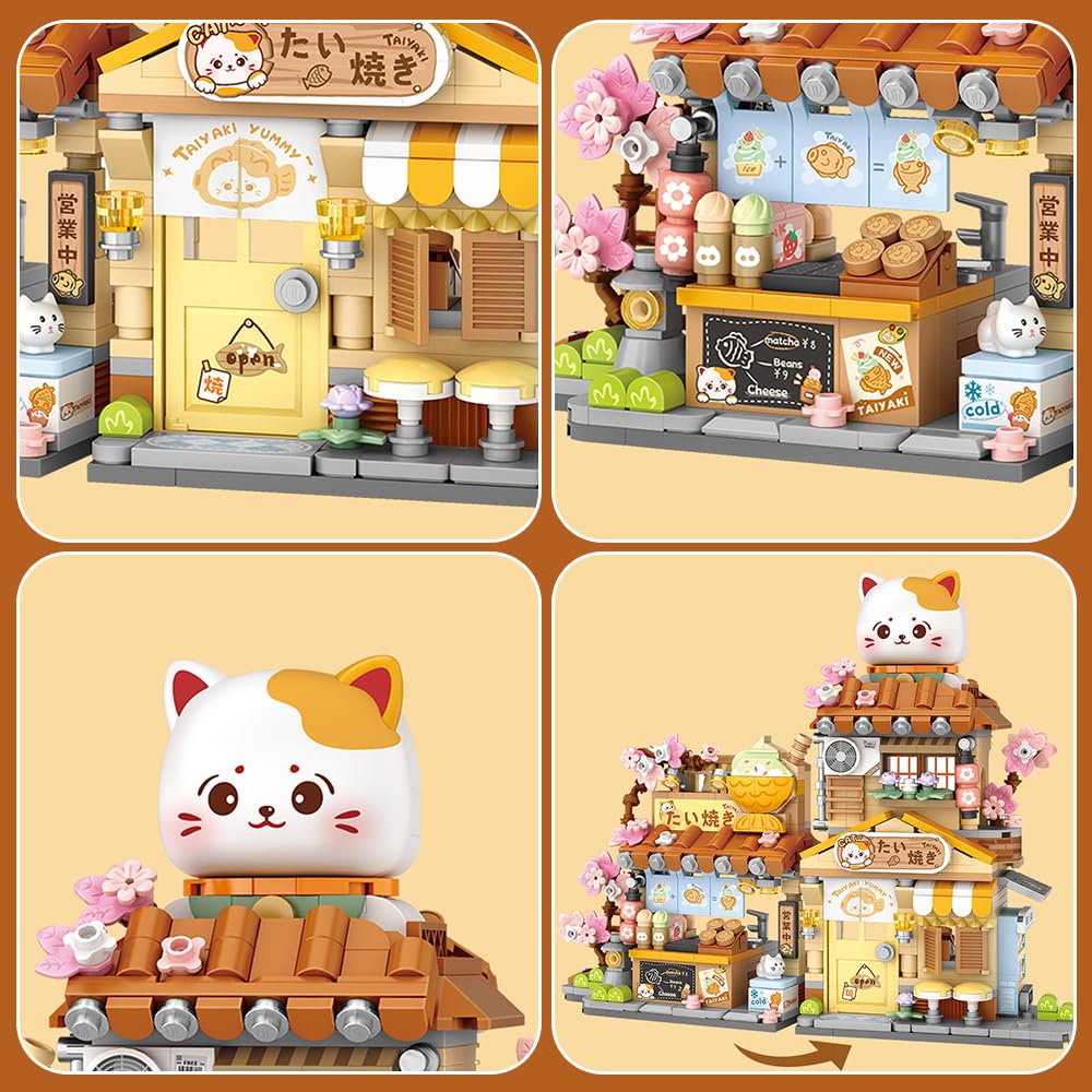 Lucky Cat Building Set,Openable Taiyaki Shop 923PCS Mini Brick Building Toy for Boys Girls Age 8+