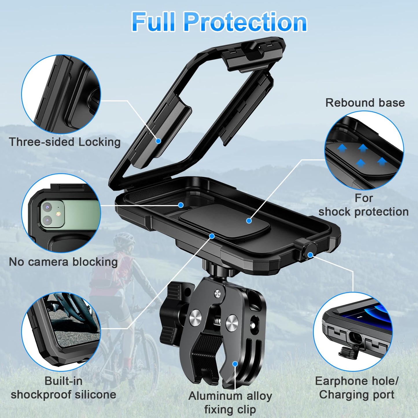 Bike Phone Holder Waterproof Motorcycle Phone Mount Holder Handlebar 360°Rotate Touch Screen Bicycle Cell Phone Holder, Anti-Shake Scooter Stroller Ebike Golf Cart Phone Clip for 5.5-7" Smartphone