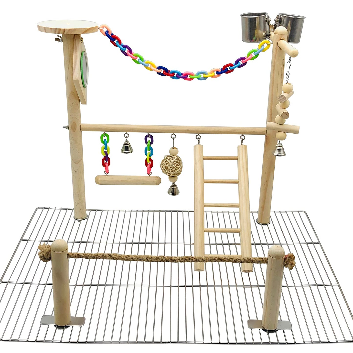 Bird Playground Top Cage, Parrot Gym Hanging Chewing Toys, Cage Top Play Stand for Conure, Parakeets, Budgie, Cockatiels, Lovebirds, Wood Perch Toys