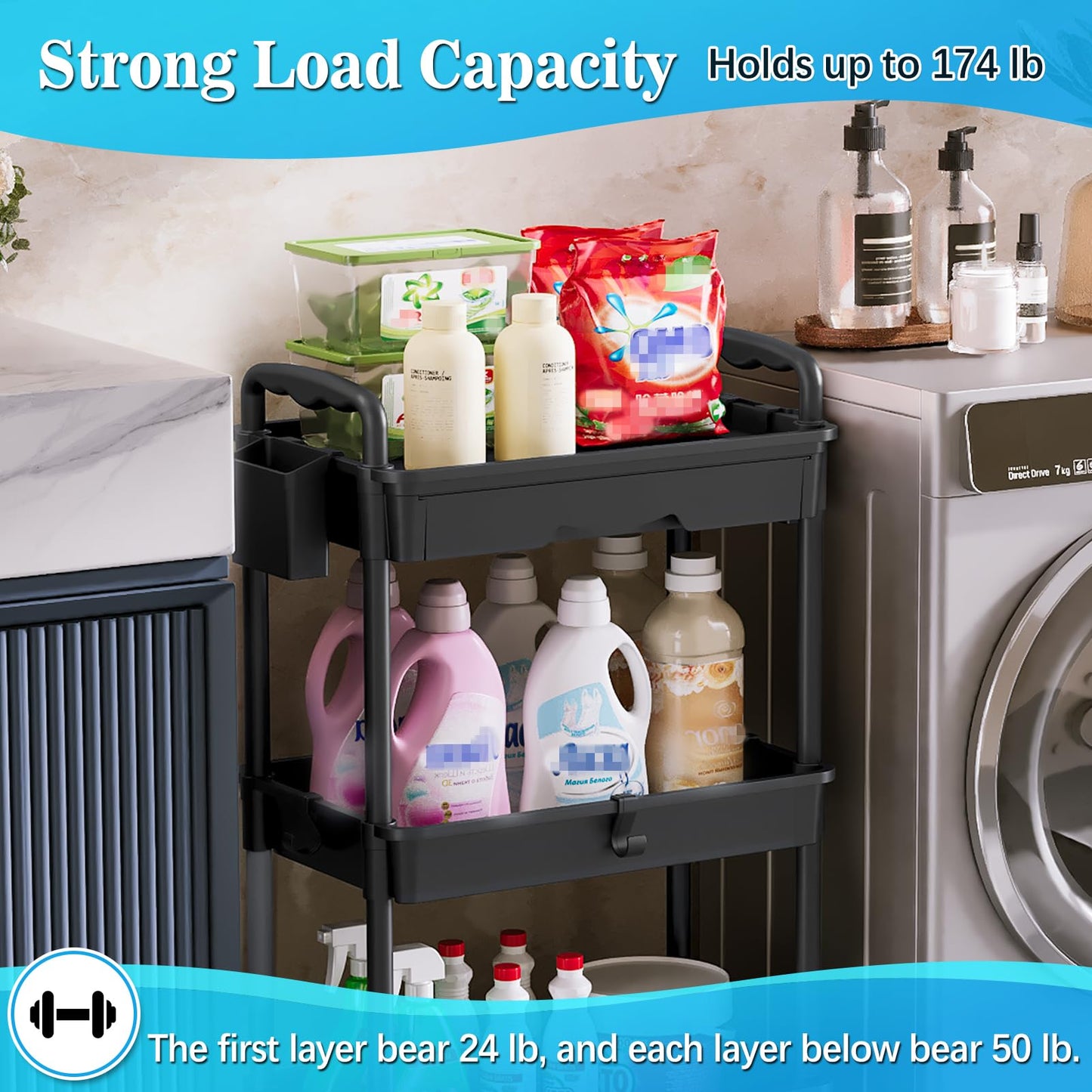SUNALLY 3 Tier Rolling Storage Carts with Drawer, Storage Cart Organizer with Lockable Wheels Rolling Utility Organizing Cart for Bathroom Kitchen Bedside Art Craft Snack Makeup Lash Nail Baby, Black