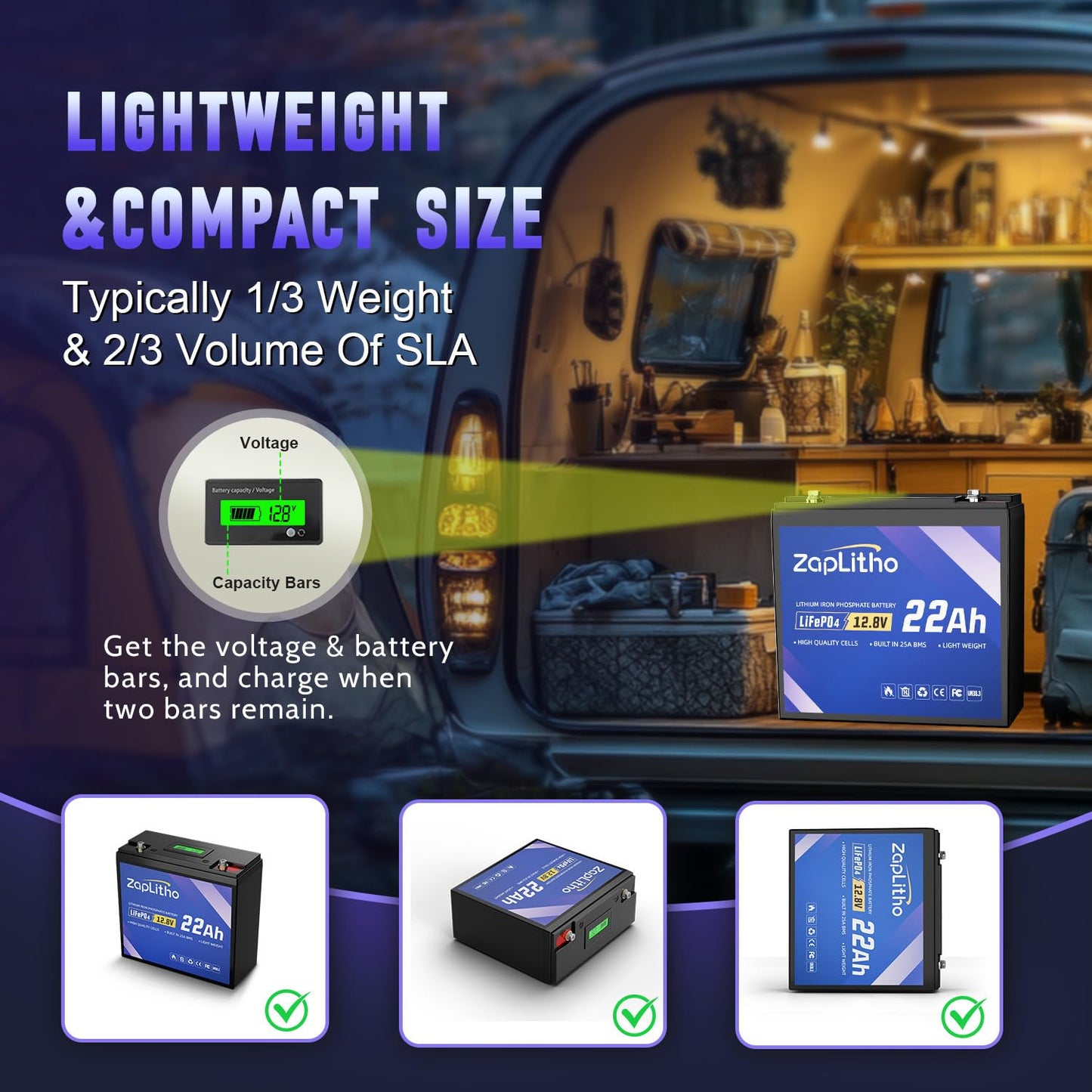 ZapLitho 12V 22Ah LiFePO4 Lithium Battery, Upgraded LCD Voltage Diaplay, 25A BMS, Low Temp Resistance Than SLA, Lightweight Deep Cycles Lithium Iron Phosphate Battery for Ham Radio, Fish Finder, Solar