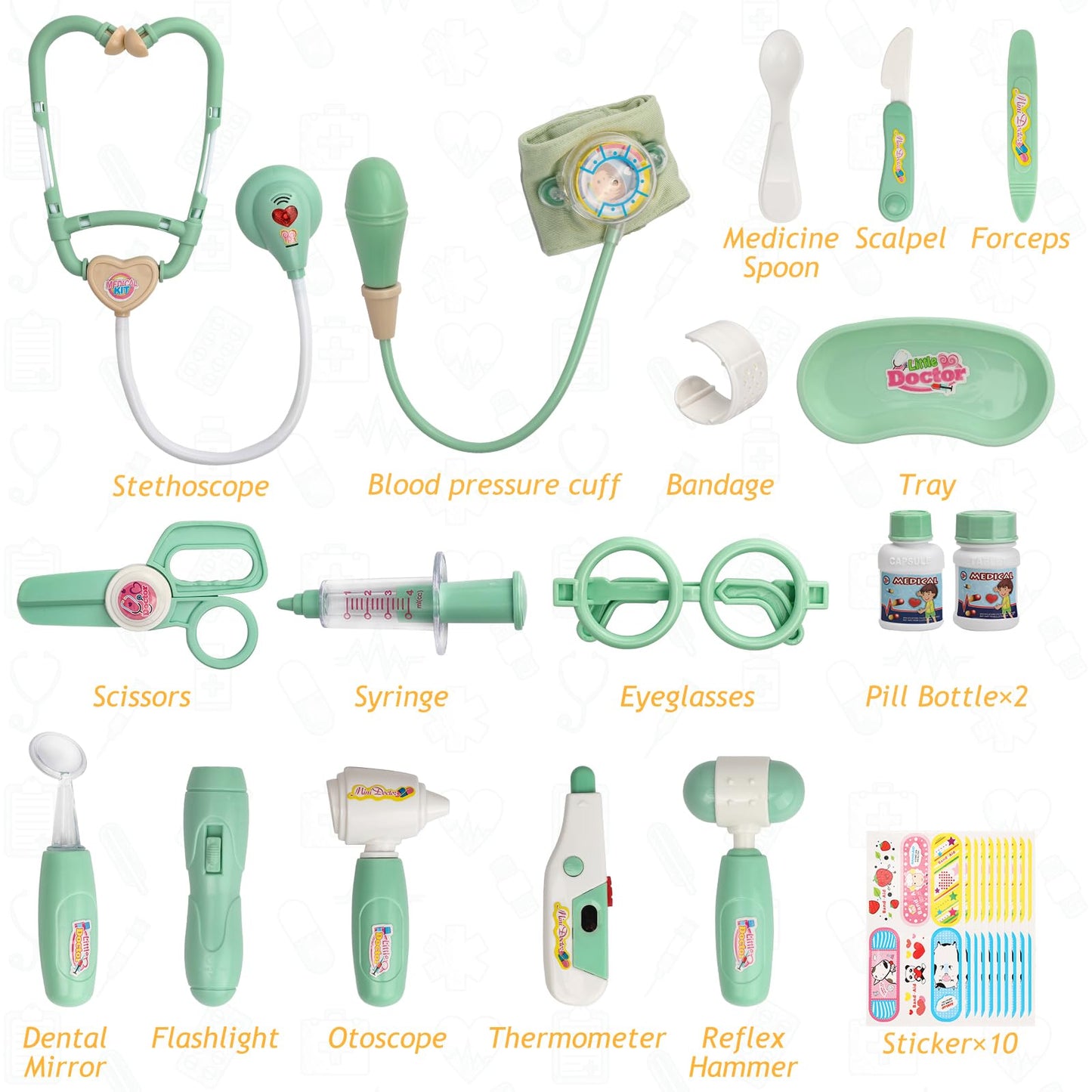 Liberry Doctor Kit for Toddlers 3 4 5 Years Old, 30-Piece Kid Doctor Toy with Stethoscope, Costume, Green Medical Pretend Play, Birthday Gift for Girls Boys