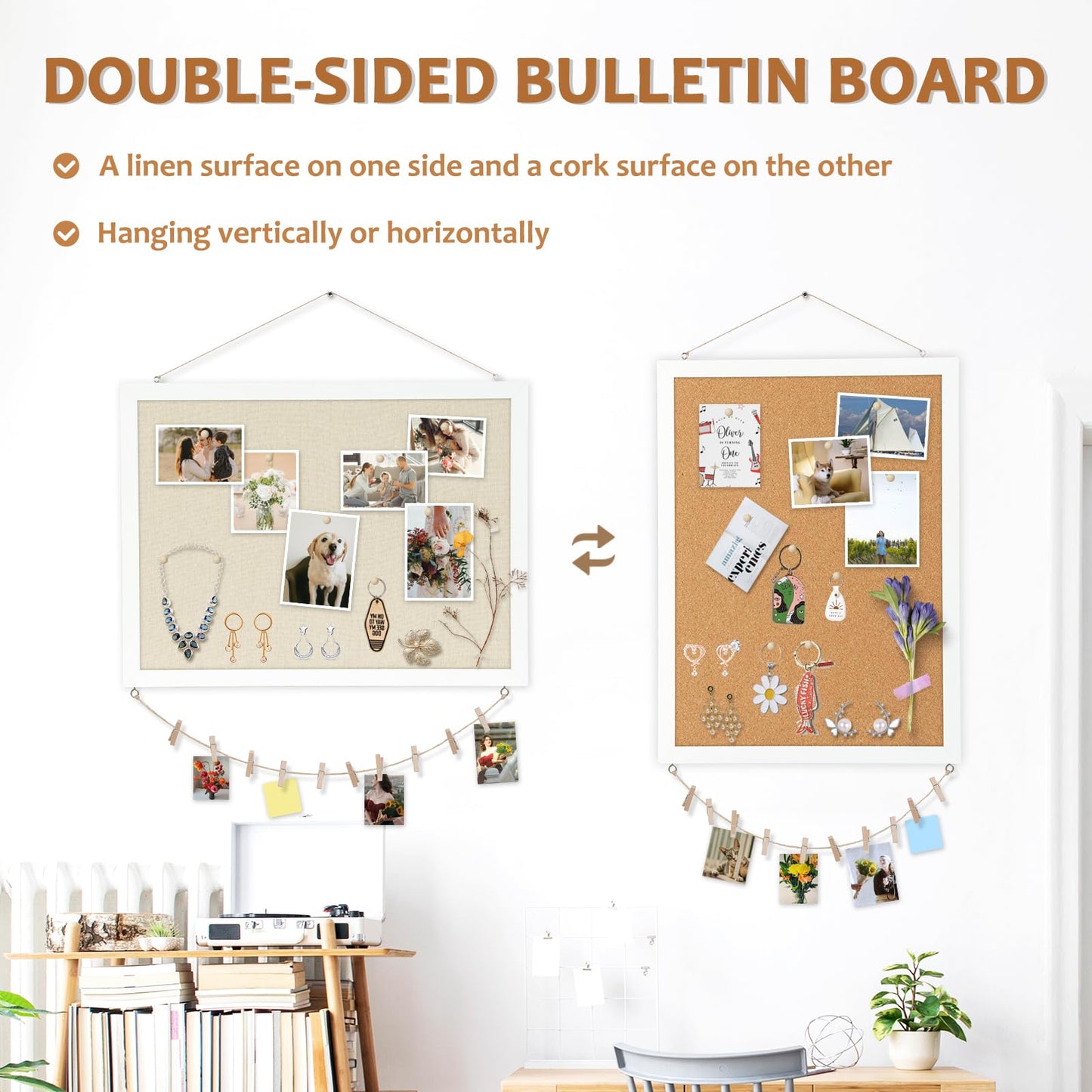 AMUSIGHT Double-Sided Large Cork Board with Linen, 24" x 18" Hanging Wood Framed Bulletin Board, Picture Display Vision Board Corkboards for Wall Room School Office Decor, 20 Pushpins,1pack