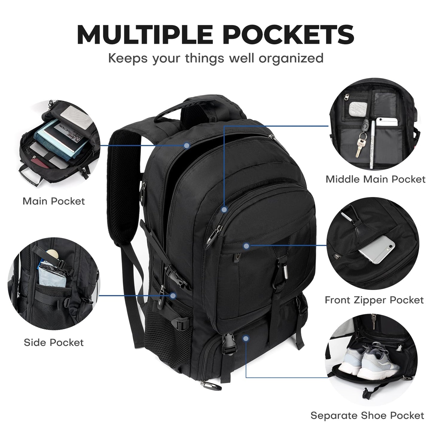 CIMALAY Travel Business Laptop Backpack with USB Charging Port and Shoe Pocket, College, Business and Hiking Camping, Black, M(Fits 4.92-5.91ft height), Classic