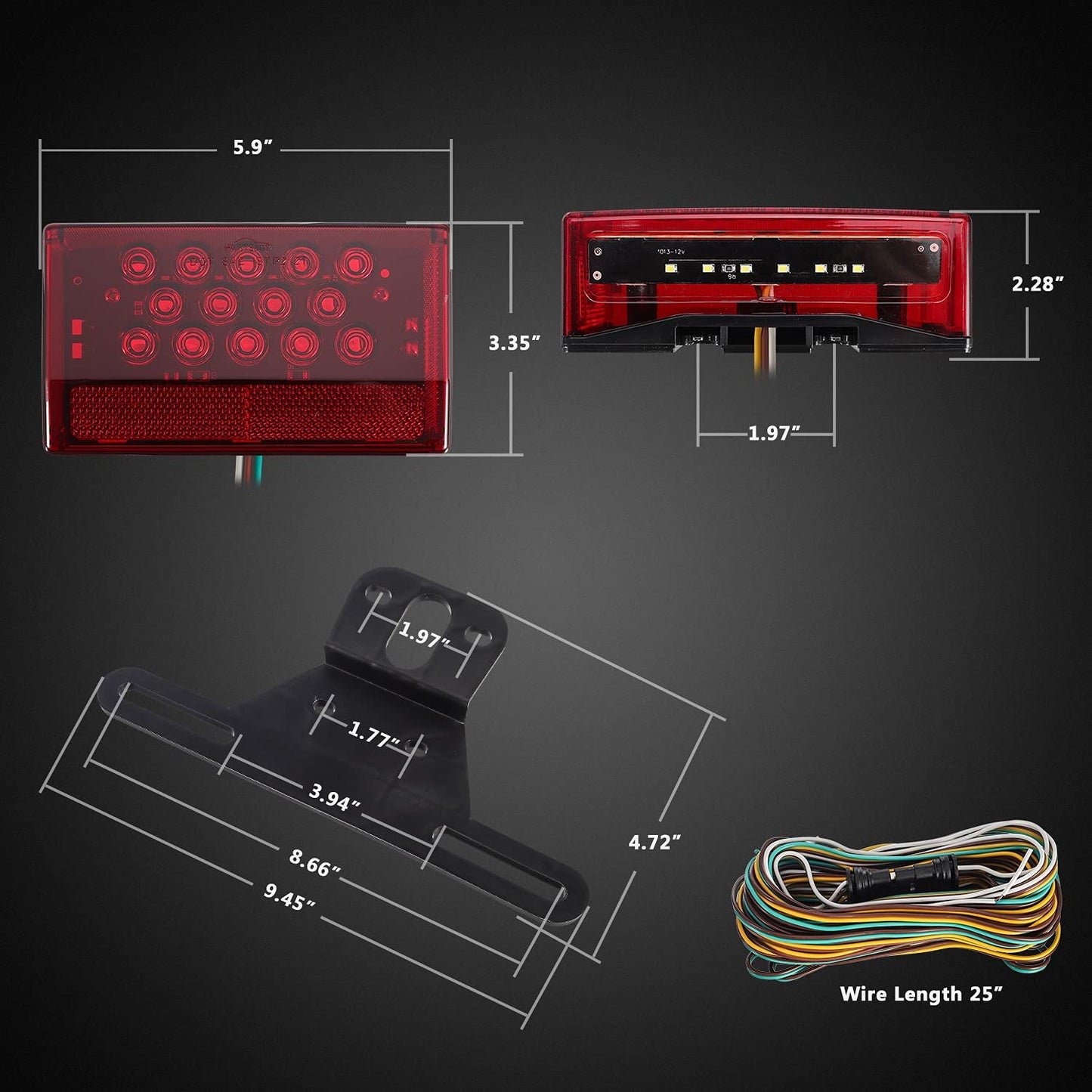 Partsam 6" Rectangular LED Combination Tail Lights Kit Red, 12V LED Submersible Sealed Rectangular Boat Trailer Stop Turn Tail License Plate Brake Running Light Kit w/25ft Wiring Harness 4Pin+Bracket