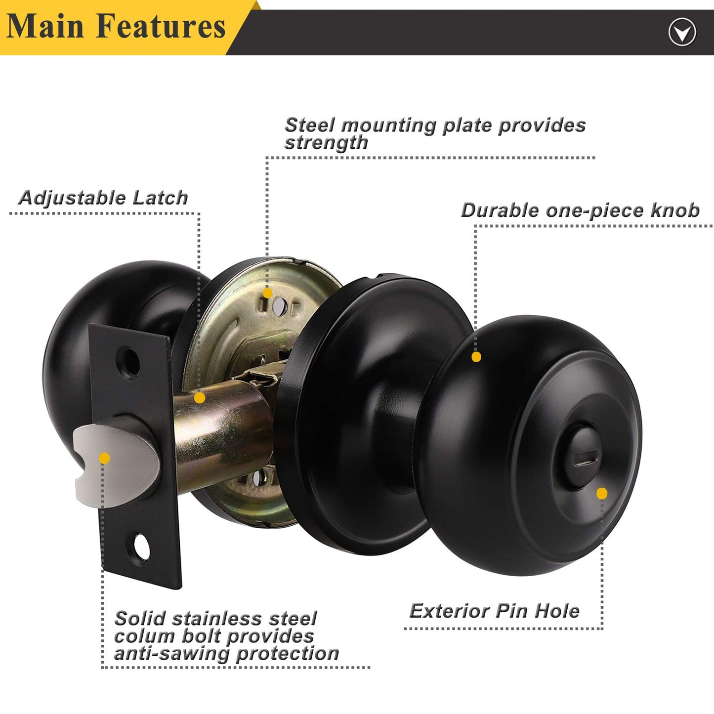 Probrico Interior Door Knob Black Matte Door Handles Keyless, Indoor Privacy Door Lock Flat Ball Knob for Bedroom/Bathroom, 3 Pack