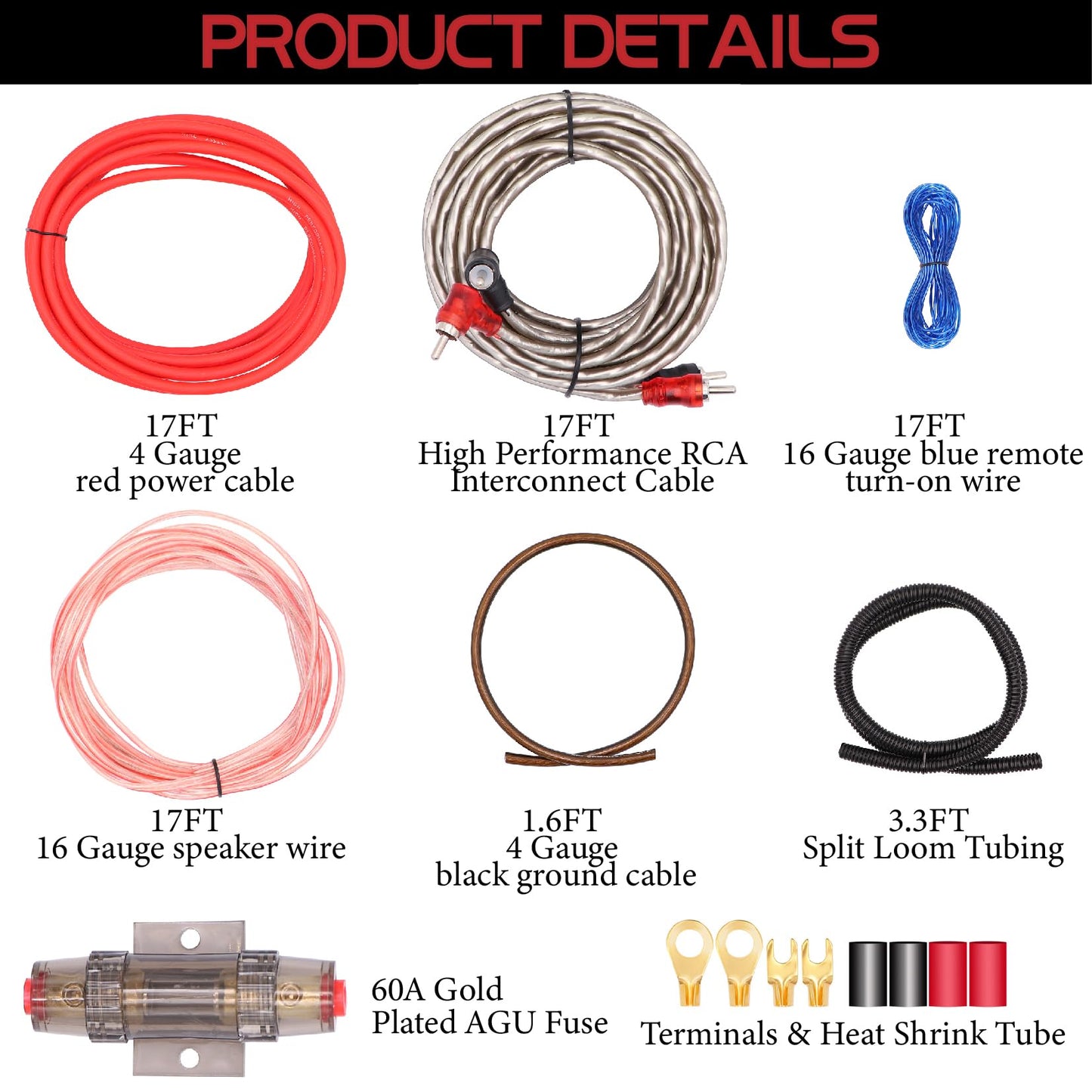 4 Gauge Audio Amplifier Installation Wiring Systems KIT,Make Connections and Brings Power to Your Radio,Subwoofers and Speakers