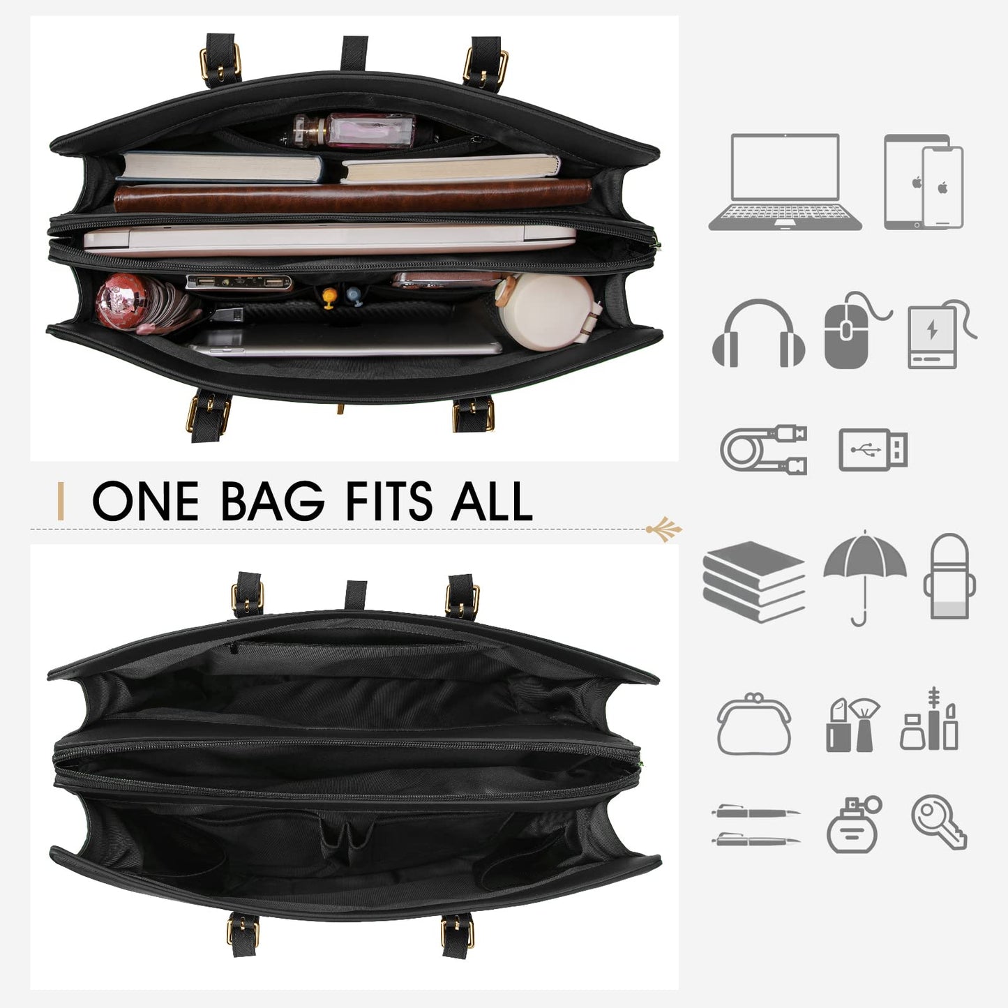 Laptop Bag for Women 15.6 Inch Leather Laptop Tote Bag Waterproof Work Shoulder Bag Lightweight Computer Tote Bag Professional Women Business Office Bag Large Travel Handbag Black