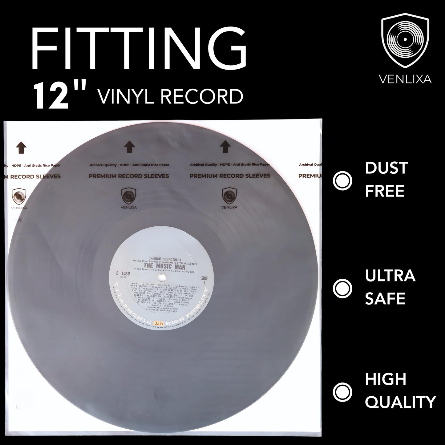 Venlixa 12″ Premium Vinyl Record Inner Sleeves (100 Pack), Anti-Static HDPE Rice Paper LP Covers, Durable Clear Acid-Free Album & Sleeves Protect Records from Moisture, Dust and Scratches