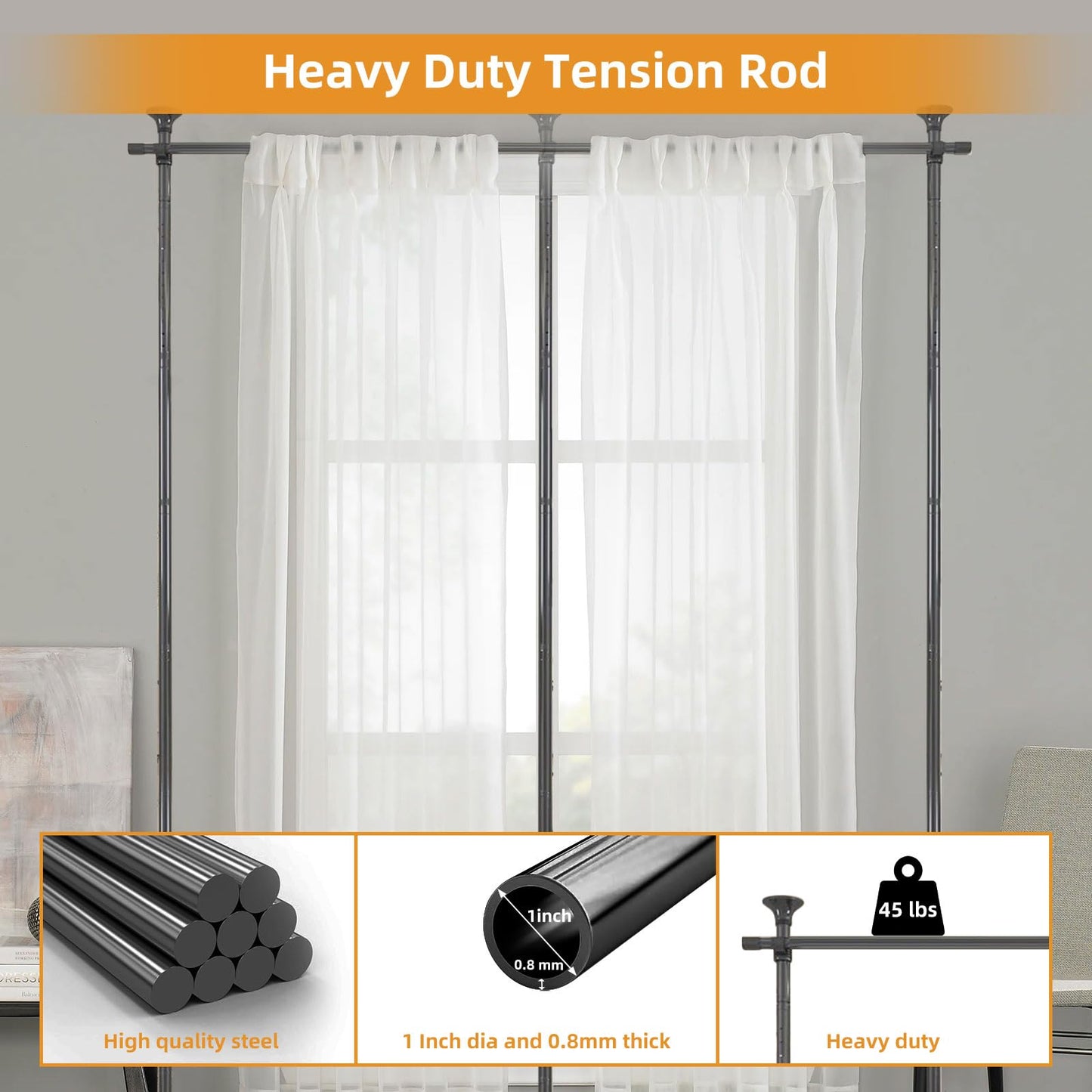 Room Divider Curtain Rod, No Drilling Curtain Rod for Room Separation, Adjustable Heavy Duty Partition Room Divider, Floor to Ceiling Freestanding Wall Divider 4-10ft (H) 28-114inch(W) Black