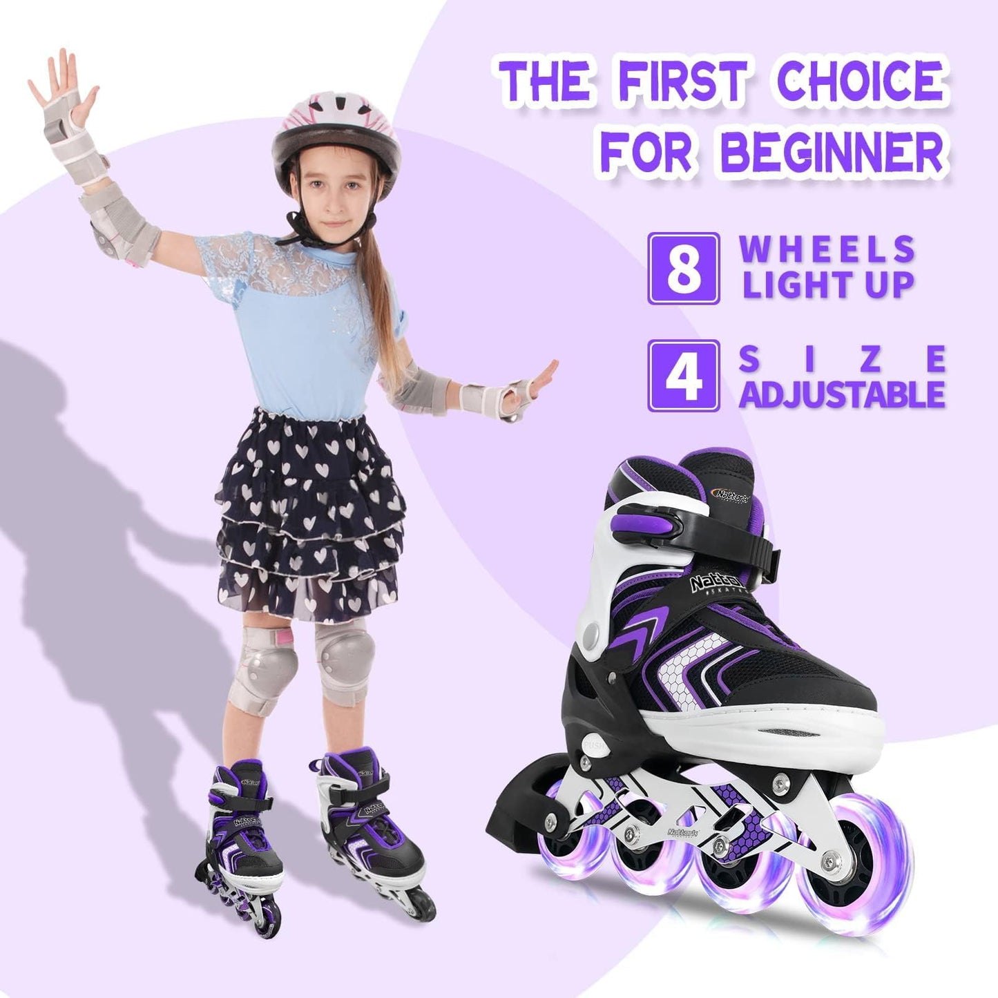Adjustable Inline Skates for Girls, Girls Blades Roller Skates with All Light up Wheels for Big Kids, Purple, Size 1 2 3 4