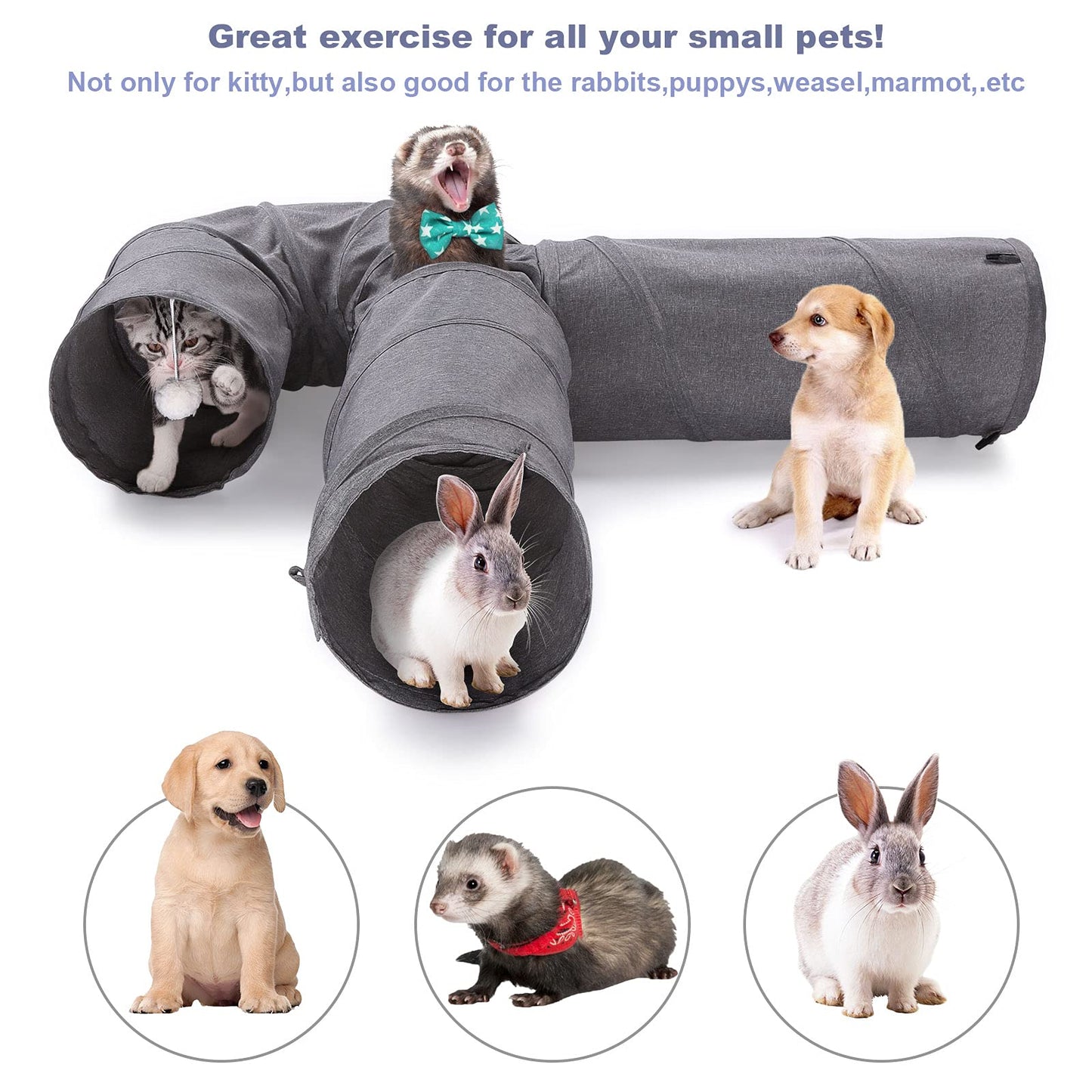 Ownpets Cat Tunnel Large 3 Way Collapsible Cloth Pet Tunnel Tube with Plush Ball & Feather Toy, U-Shaped Cat Play Tunnel for Indoor Cat, Puppy, Kitty, Kitten, Rabbit(Gray)
