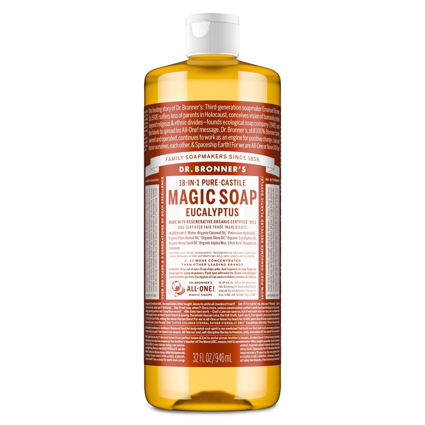 Dr. Bronner’s - Pure-Castile Liquid Soap (Eucalyptus, 946 mL) - Made with Organic Oils, 18-in-1 Uses: Face, Body, Hair, Laundry, Pets & Dishes, Concentrated, Vegan, Non-GMO