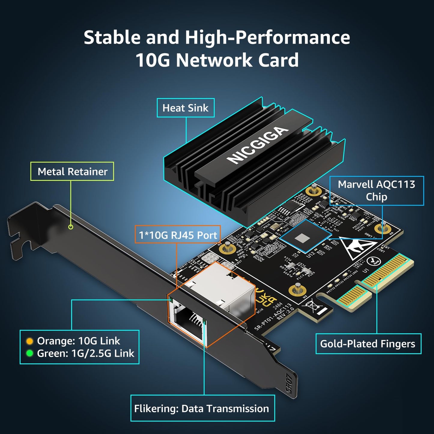 10G Base-T PCI-e Network Card, Marvell AQC113 Controller, NICGIGA 10Gb Ethernet Adapter Support WOL, 10Gbe RJ45 Port NIC Card, Windows10/11/Windows Server/Linux