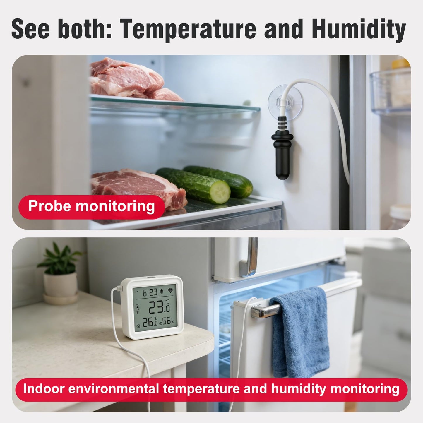 DAYTECH Fridge Thermometer WiFi Smart Freezer Thermometer with Room Temperature and Hygrometer Monitor, App Alerts and Clear Digital Display, for Home/Restaurant/Office, No Hub Required, 2PCS